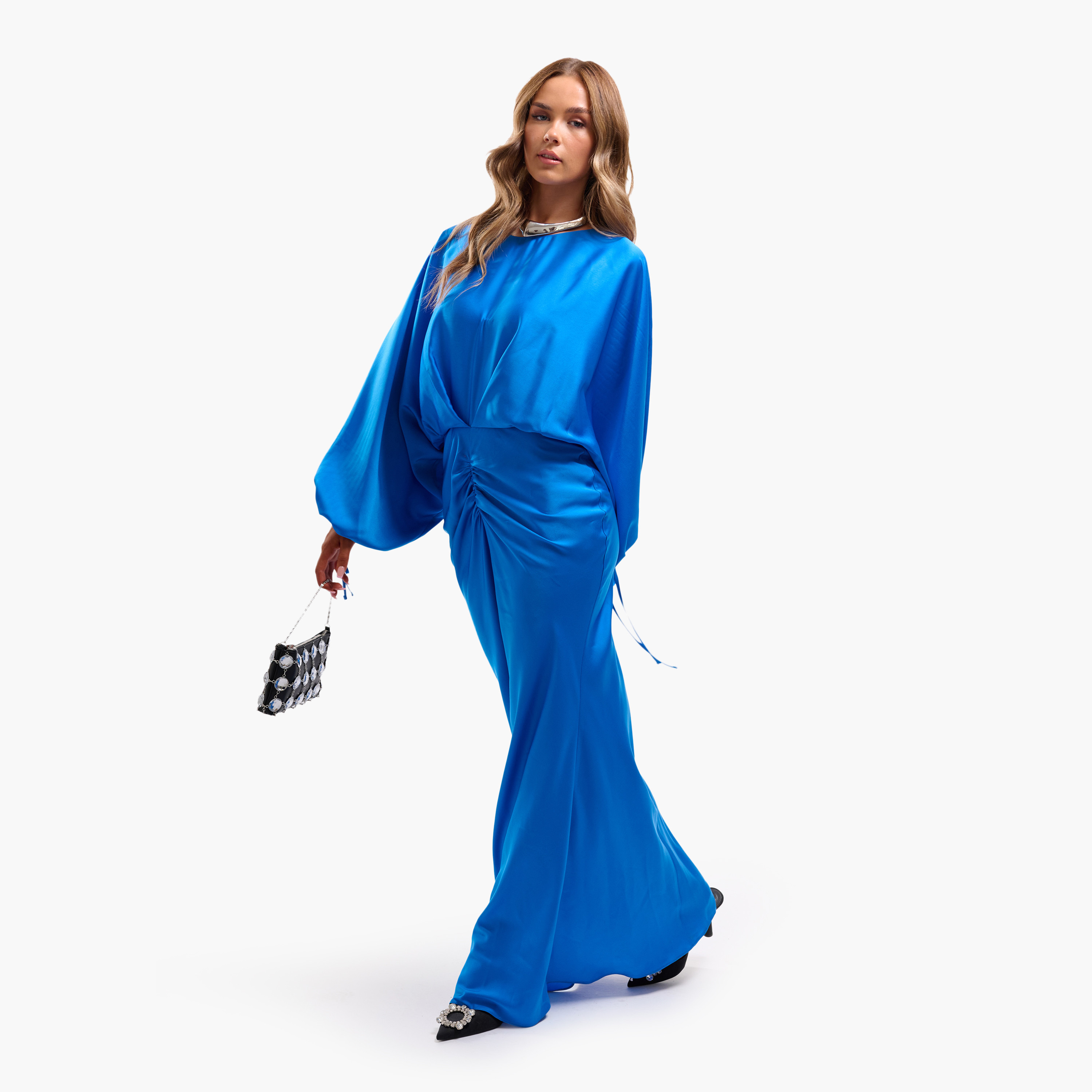 فستان ماكسي نسائي مستقيم بقصة مائلة وأكمام منفوخة وتفاصيل مزمومة من فايا-women-clothing-dresses-image-2