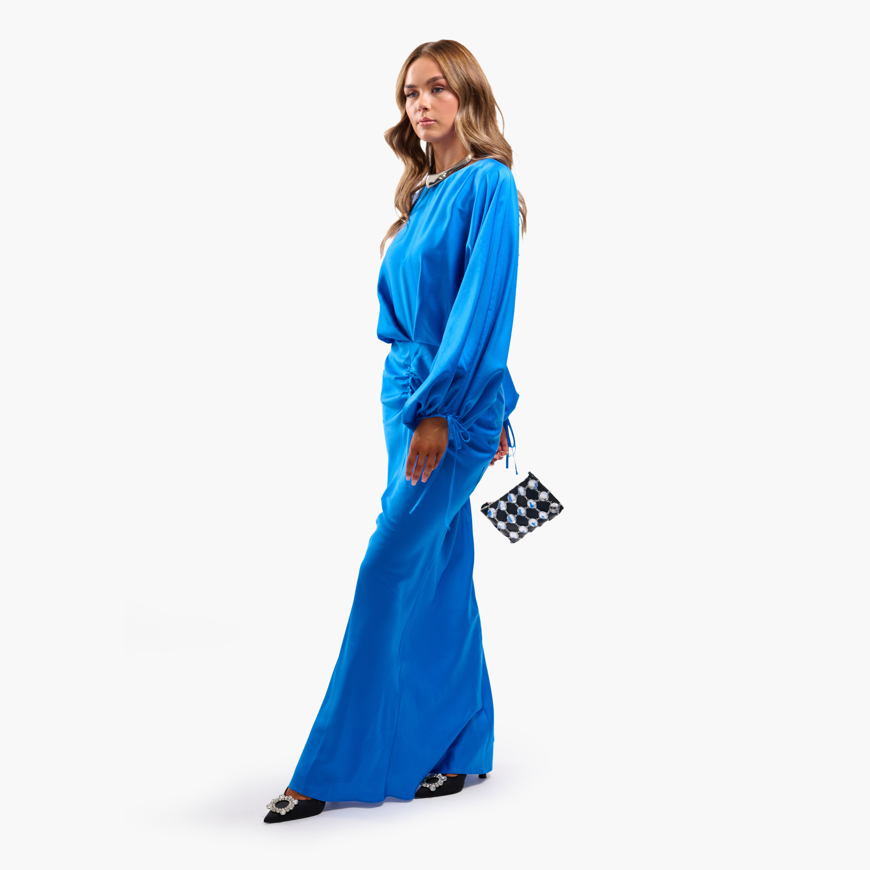 FAIA Ruch Detail Balloon Sleeves Bias Cut Column Women's Maxi Dress-women-clothing-dresses-image-3