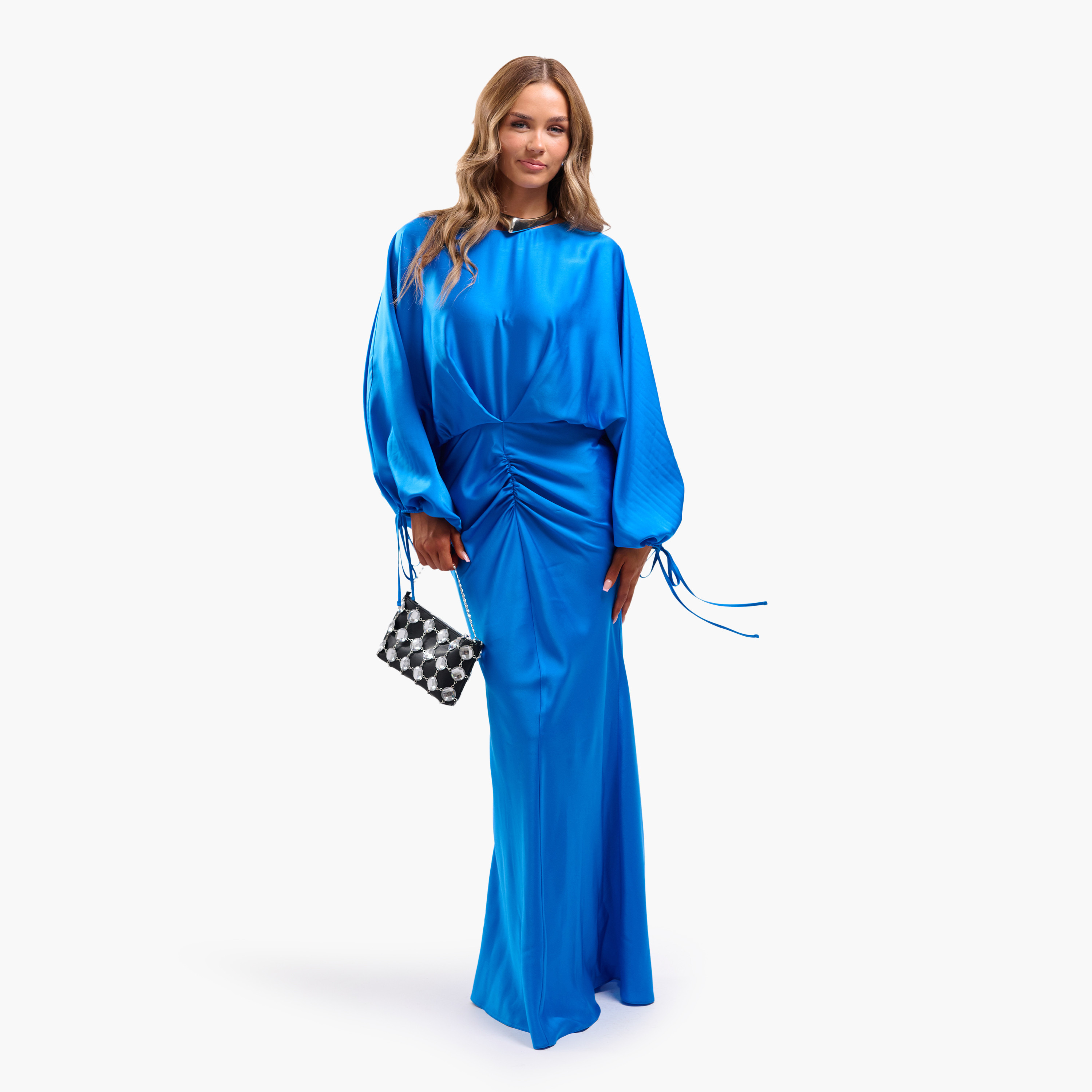 FAIA Ruch Detail Balloon Sleeves Bias Cut Column Women's Maxi Dress-women-clothing-dresses-image-5