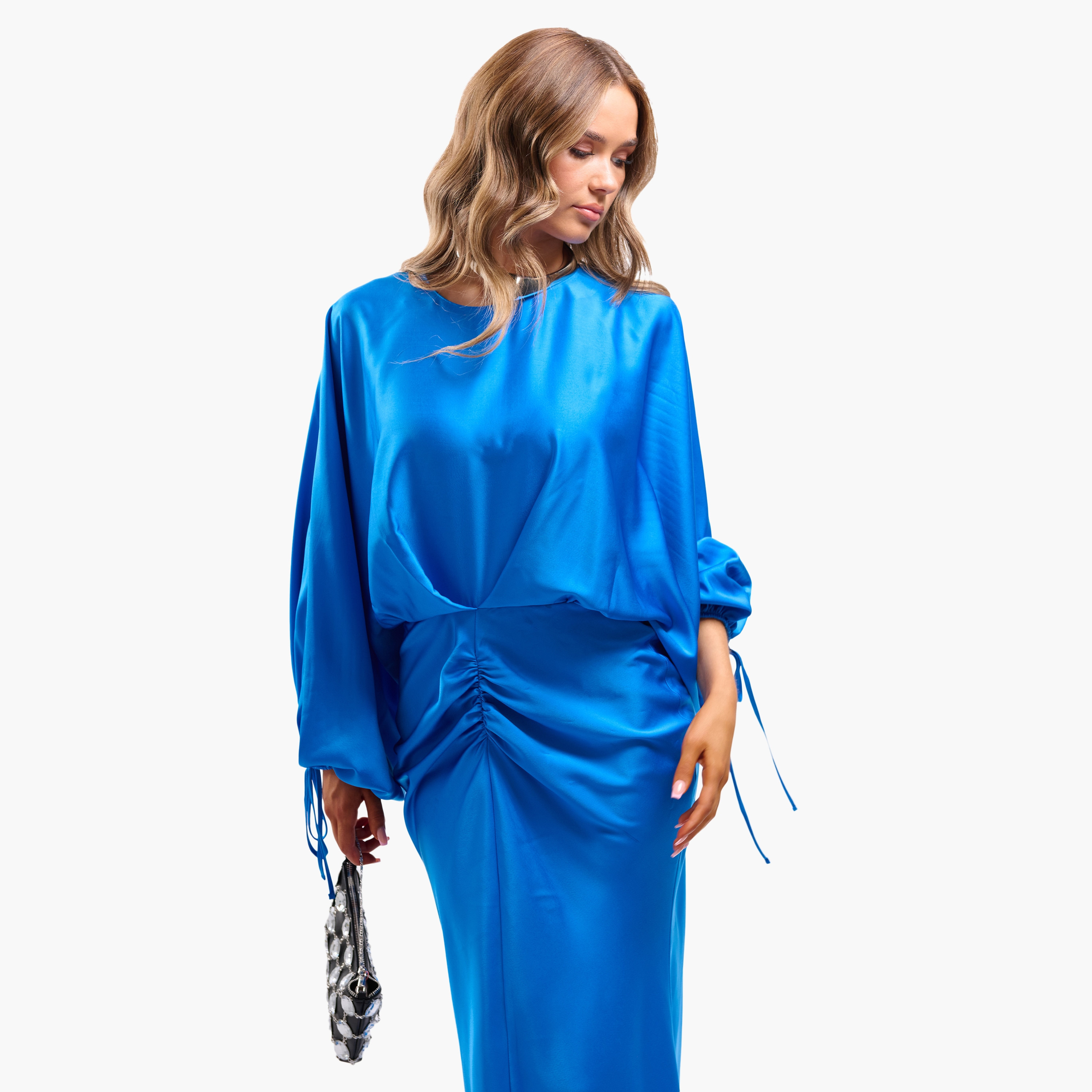 فستان ماكسي نسائي مستقيم بقصة مائلة وأكمام منفوخة وتفاصيل مزمومة من فايا-women-clothing-dresses-image-6