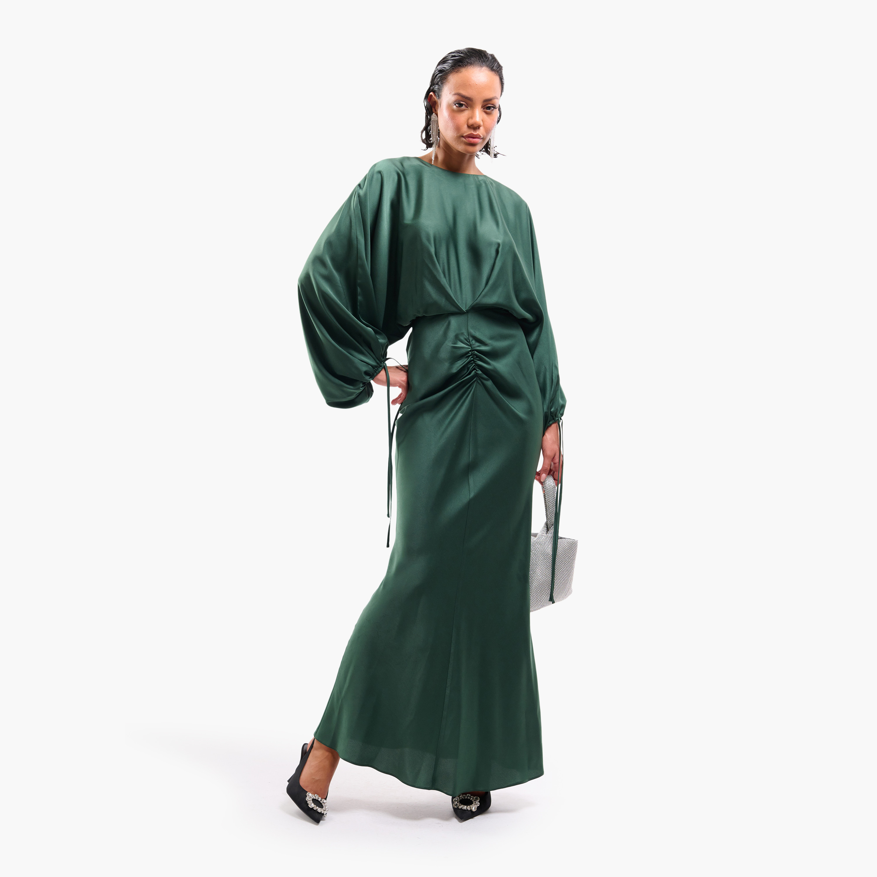 فستان ماكسي نسائي مستقيم بقصة مائلة وأكمام منفوخة وتفاصيل مزمومة من فايا-women-clothing-dresses-image-7