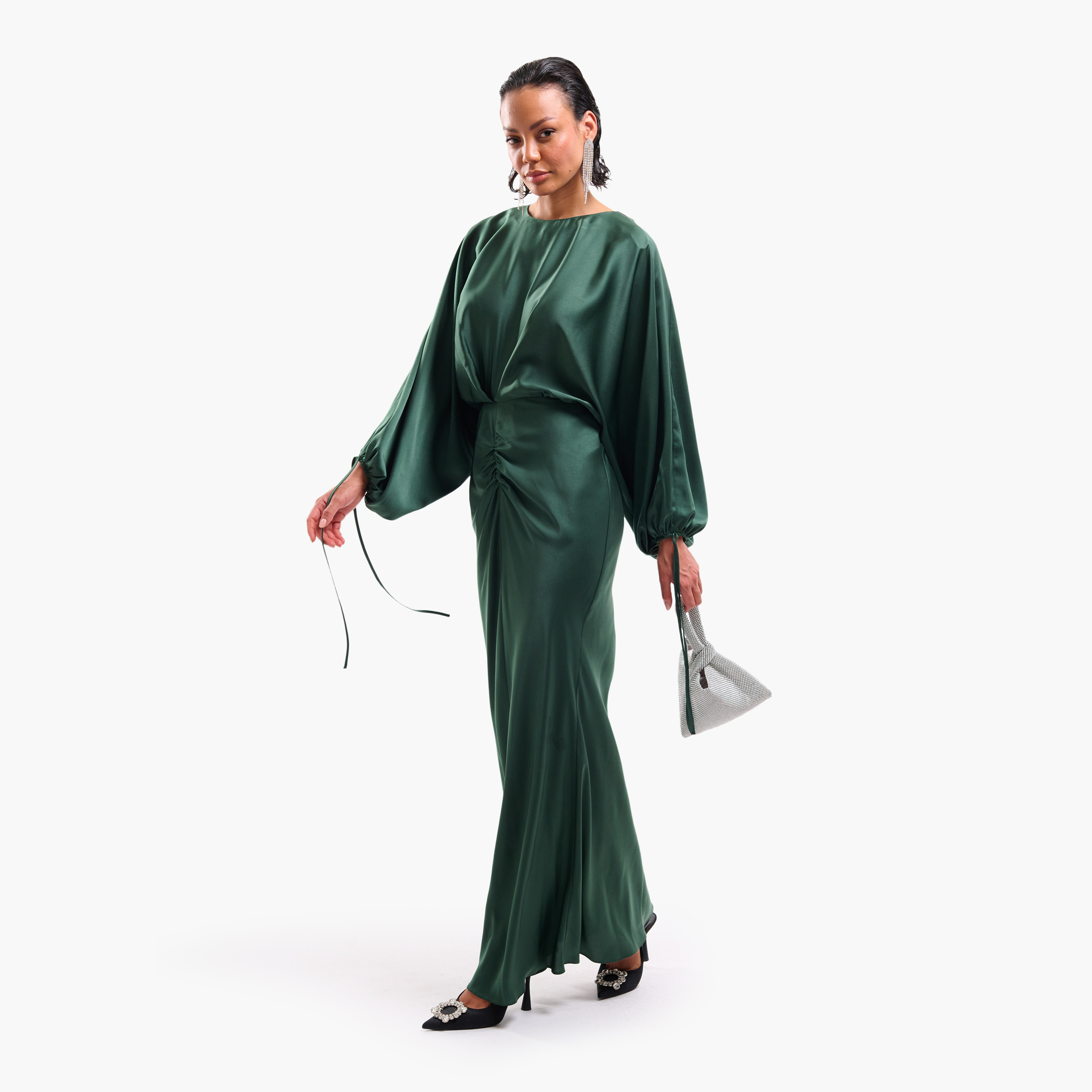 فستان ماكسي نسائي مستقيم بقصة مائلة وأكمام منفوخة وتفاصيل مزمومة من فايا-women-clothing-dresses-image-8