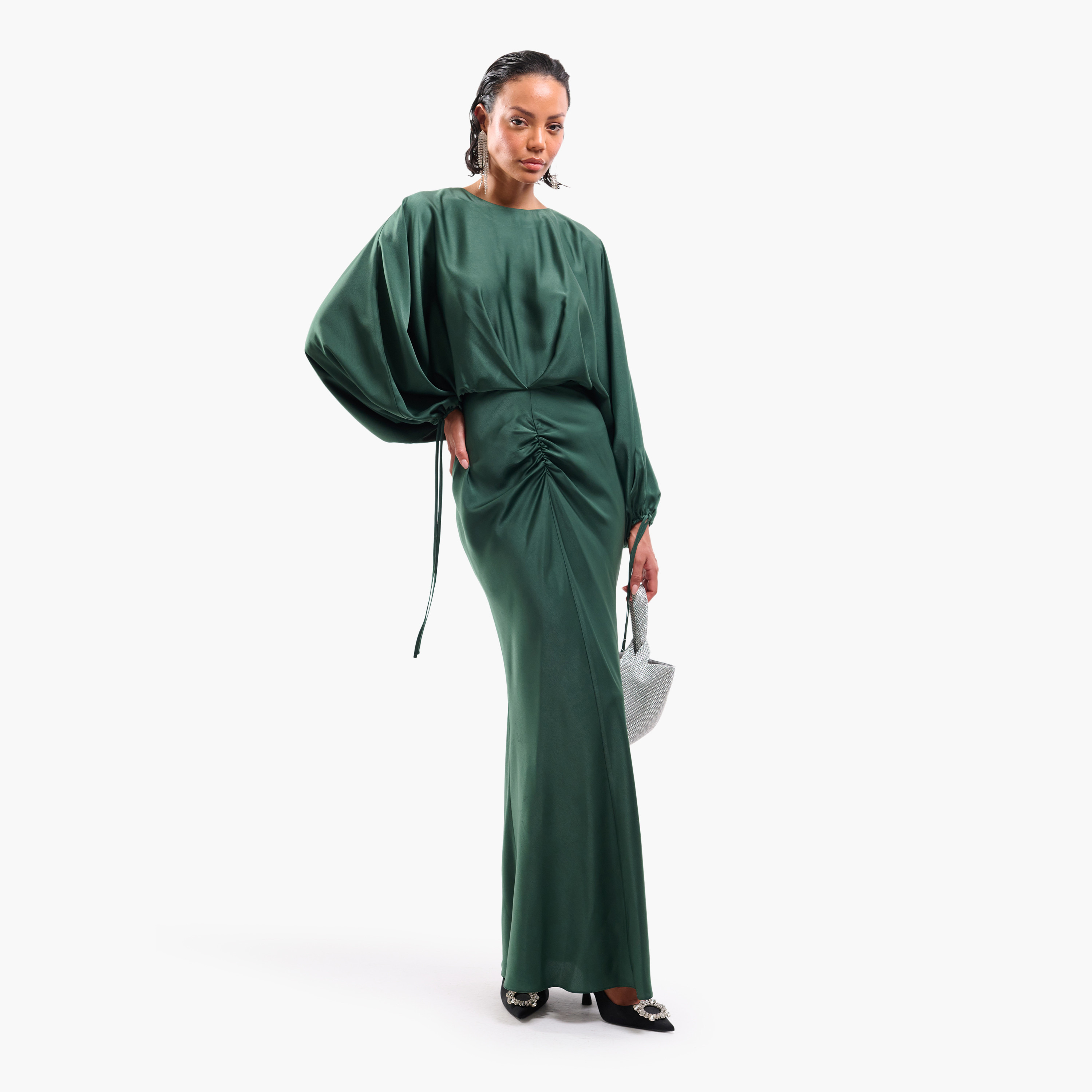 فستان ماكسي نسائي مستقيم بقصة مائلة وأكمام منفوخة وتفاصيل مزمومة من فايا-women-clothing-dresses-image-9