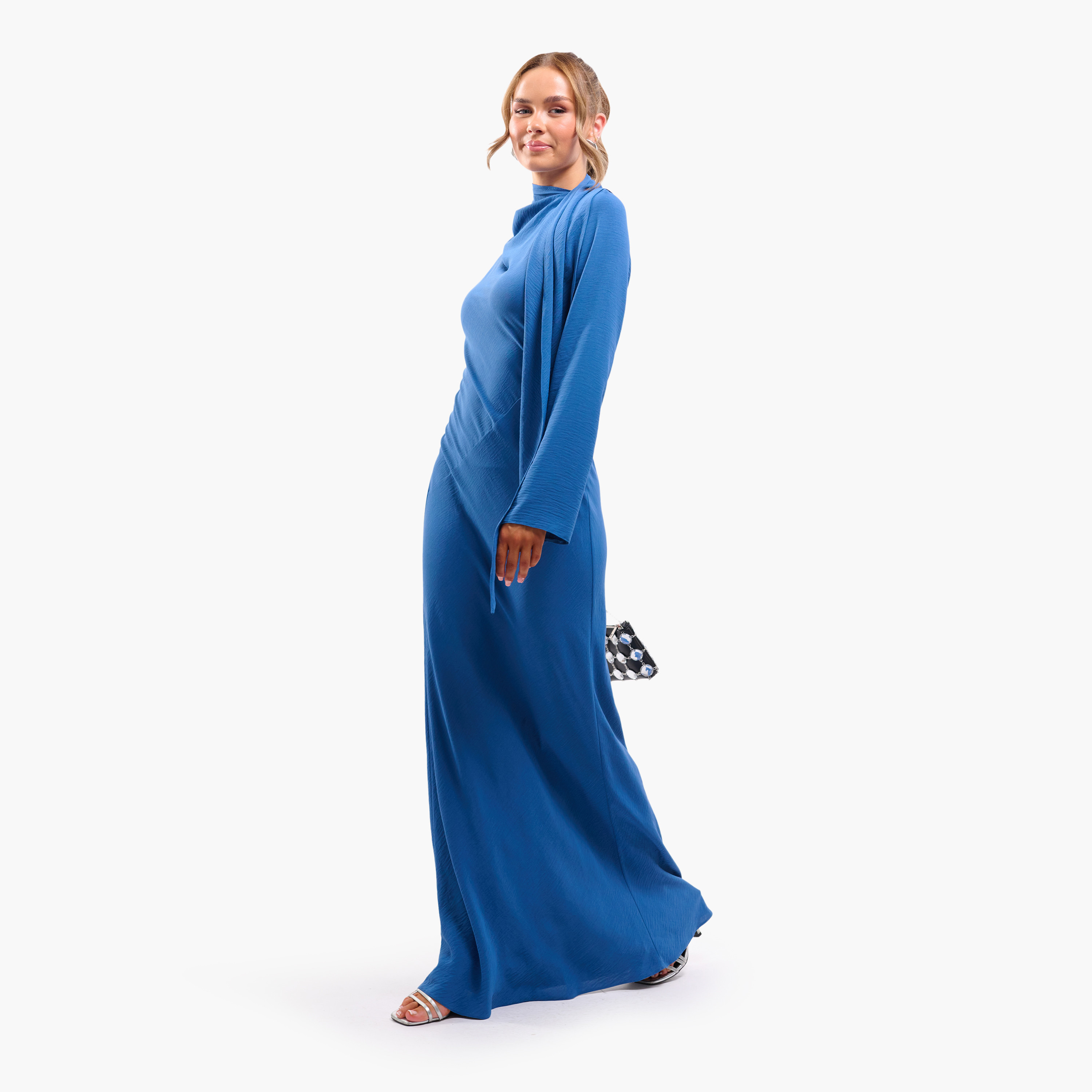 فستان ماكسي نسائي بياقة عالية وقماش بارز الملمس من فايا-women-clothing-dresses-image-2