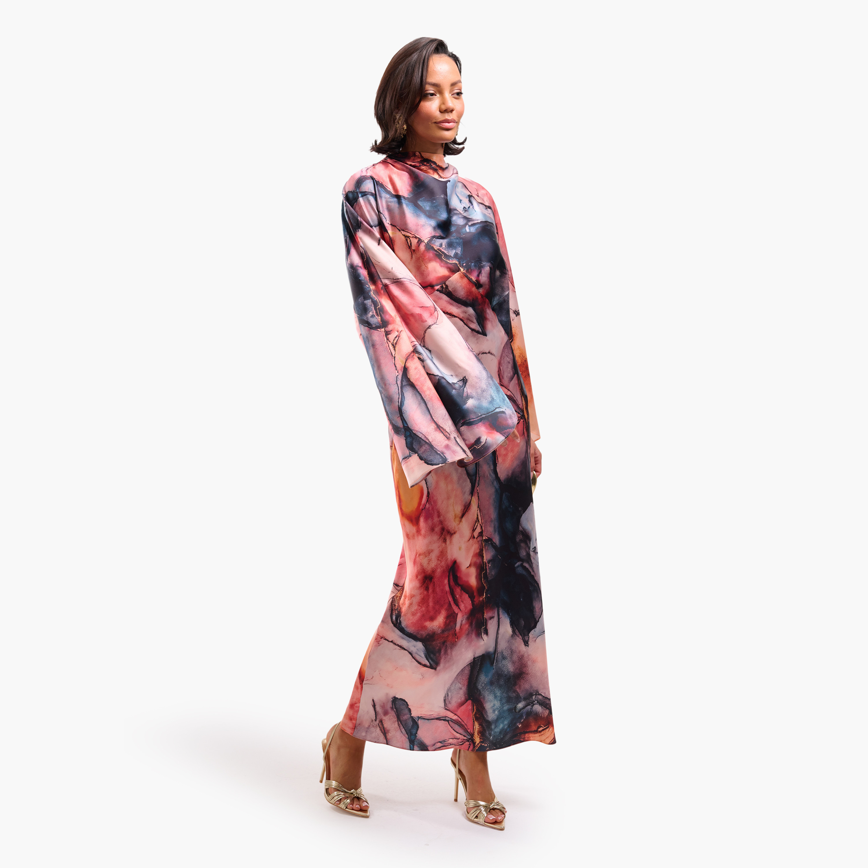 FAIA Multicolour Marble Print High Neck Batwing Sleeves Column Women's Evening Maxi Dress-women-clothing-dresses-image-3