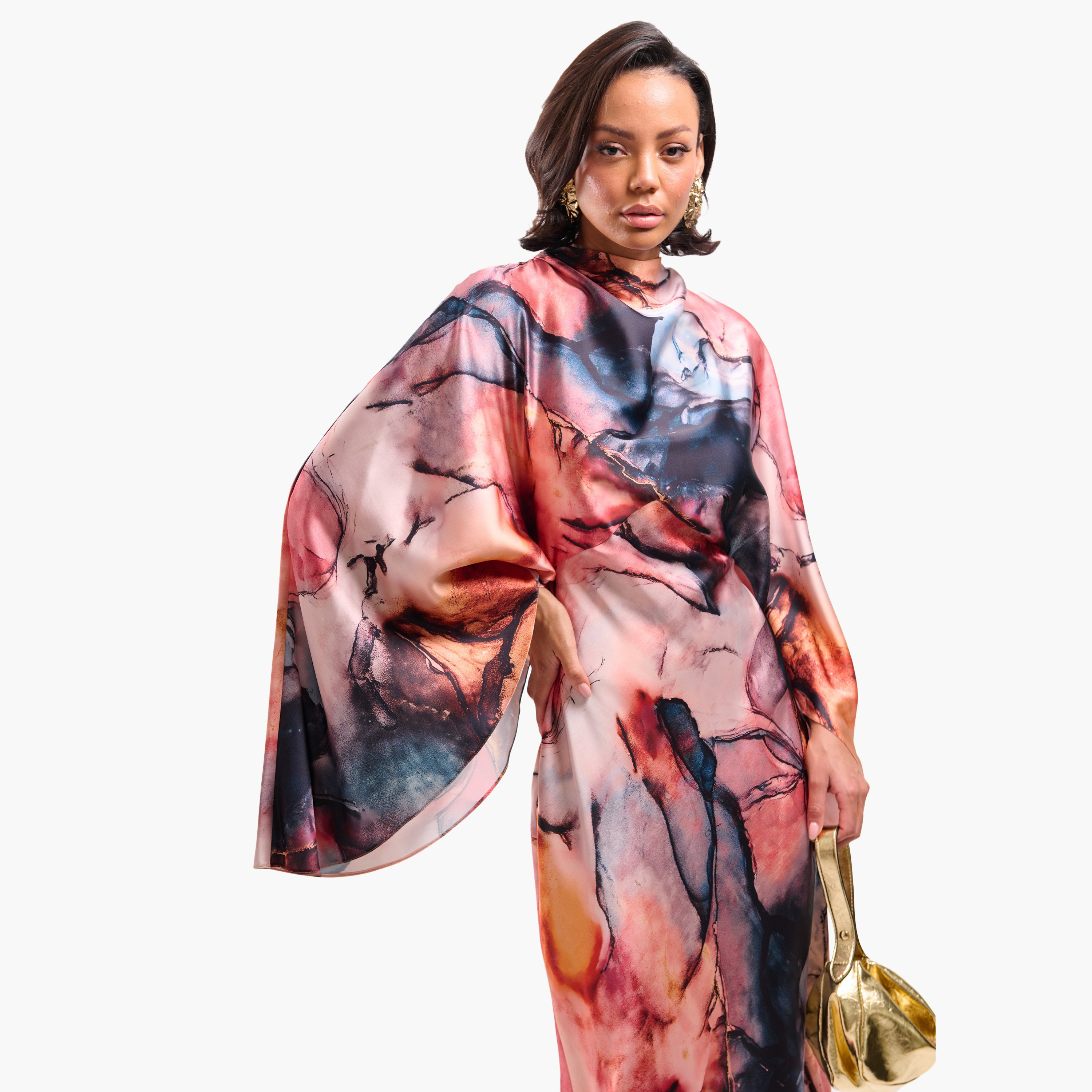 FAIA Multicolour Marble Print High Neck Batwing Sleeves Column Women's Evening Maxi Dress-women-clothing-dresses-image-6