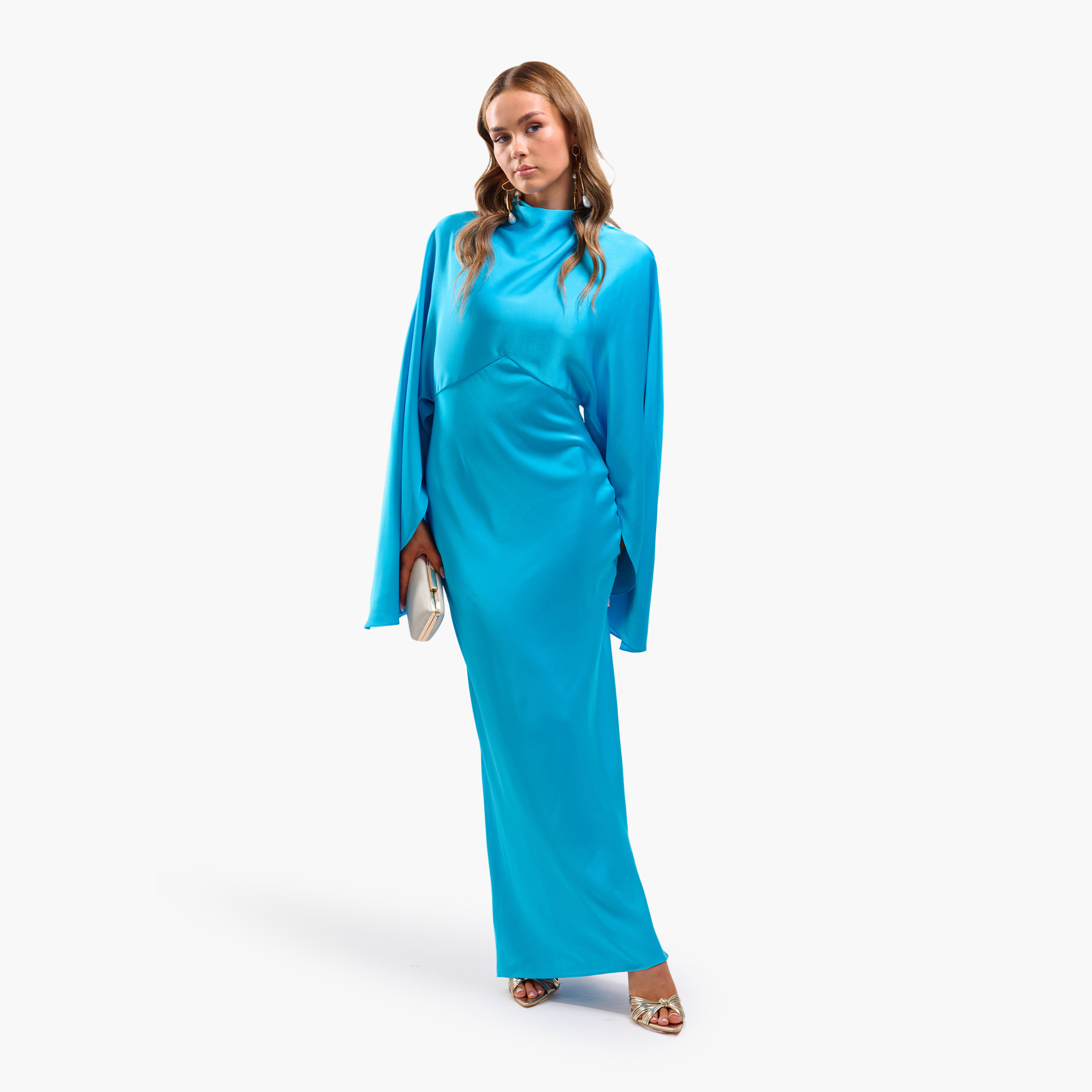 فستان سهرة ماكسي نسائي مستقيم بياقة عالية وأكمام خفاش - أزرق سماوي من فايا-women-clothing-dresses-image-1