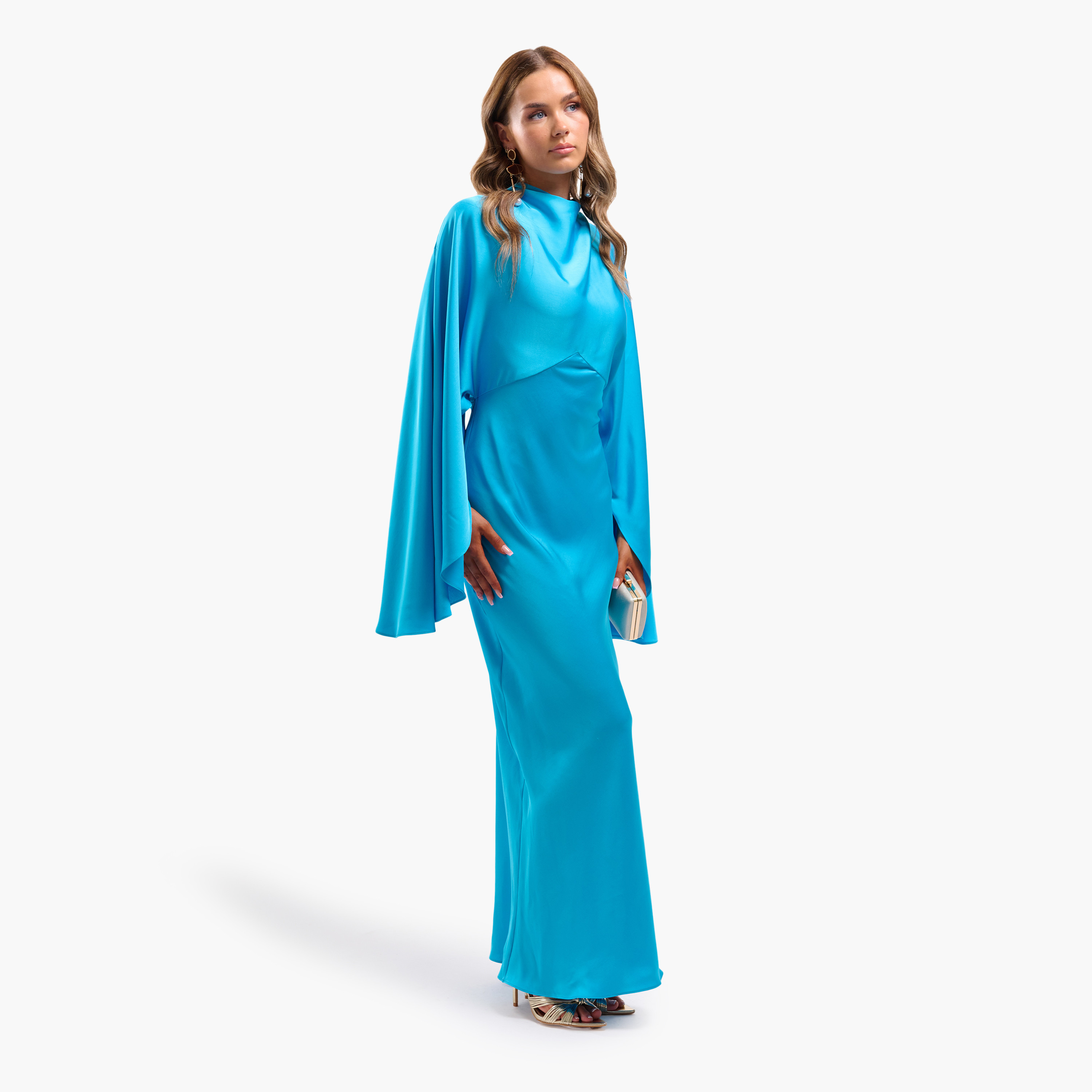 فستان سهرة ماكسي نسائي مستقيم بياقة عالية وأكمام خفاش - أزرق سماوي من فايا-women-clothing-dresses-image-2