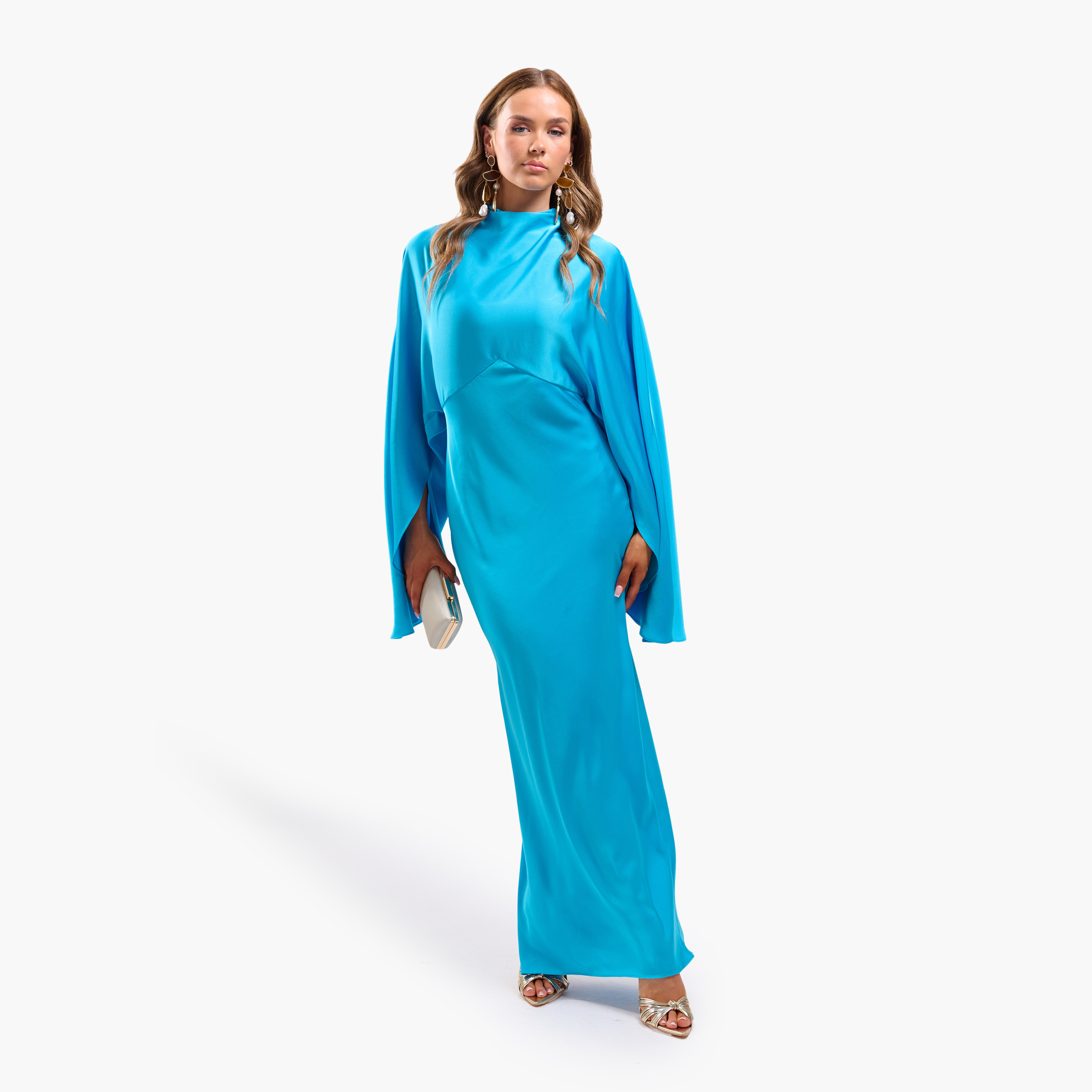 فستان سهرة ماكسي نسائي مستقيم بياقة عالية وأكمام خفاش - أزرق سماوي من فايا-women-clothing-dresses-image-3