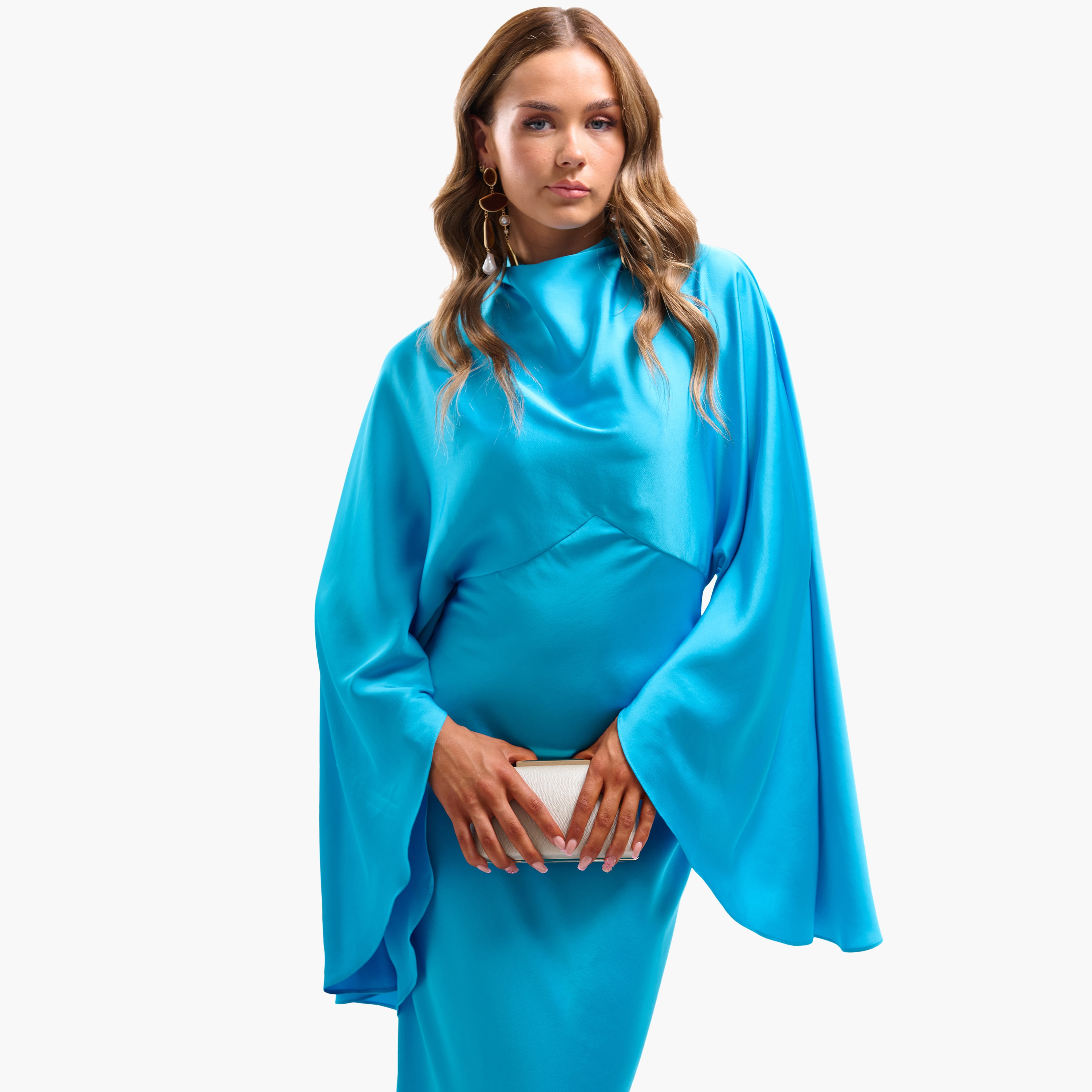 فستان سهرة ماكسي نسائي مستقيم بياقة عالية وأكمام خفاش - أزرق سماوي من فايا-women-clothing-dresses-image-6