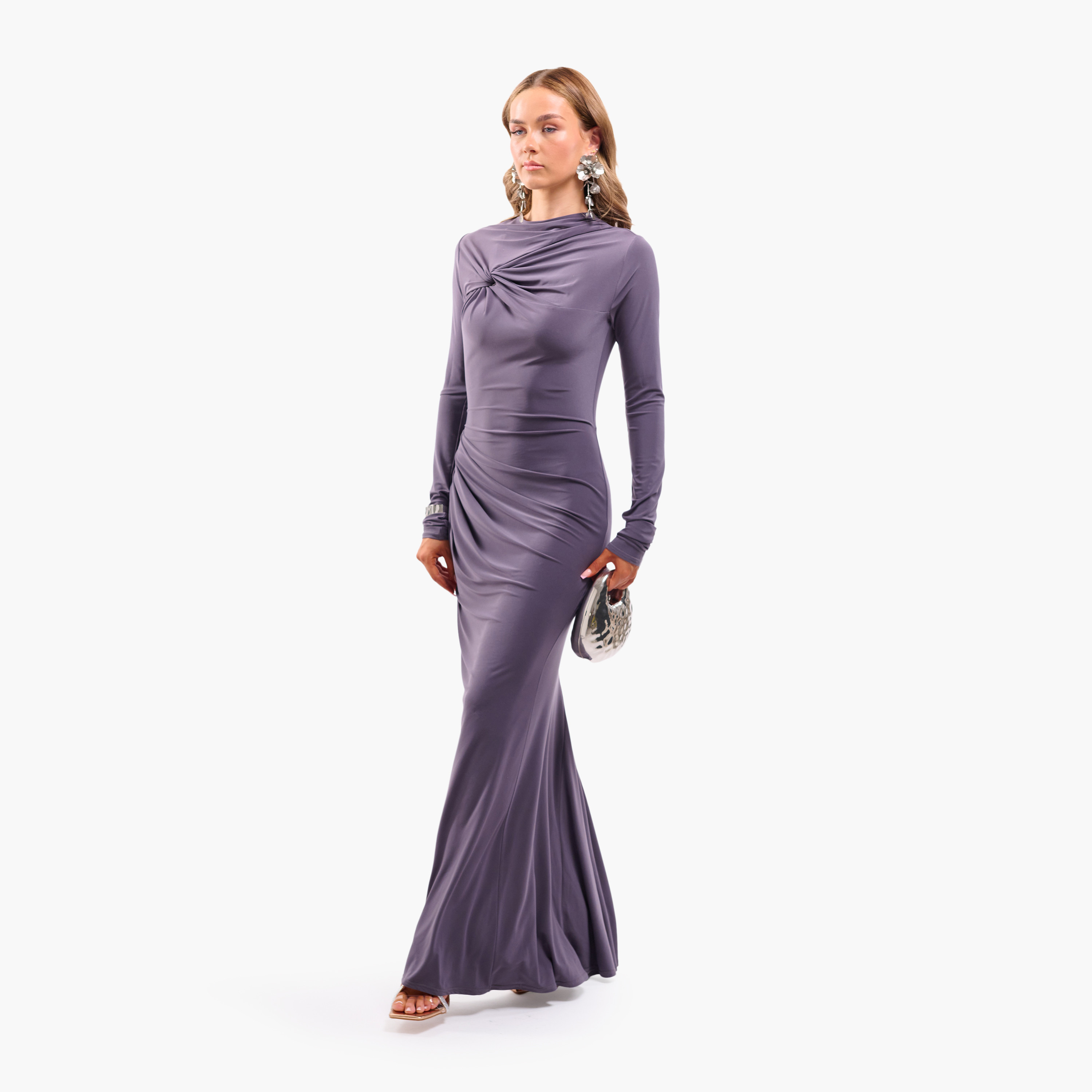 FAIA Draped Mock Neck Column Women's Evening Maxi Dress-women-clothing-dresses-image-2