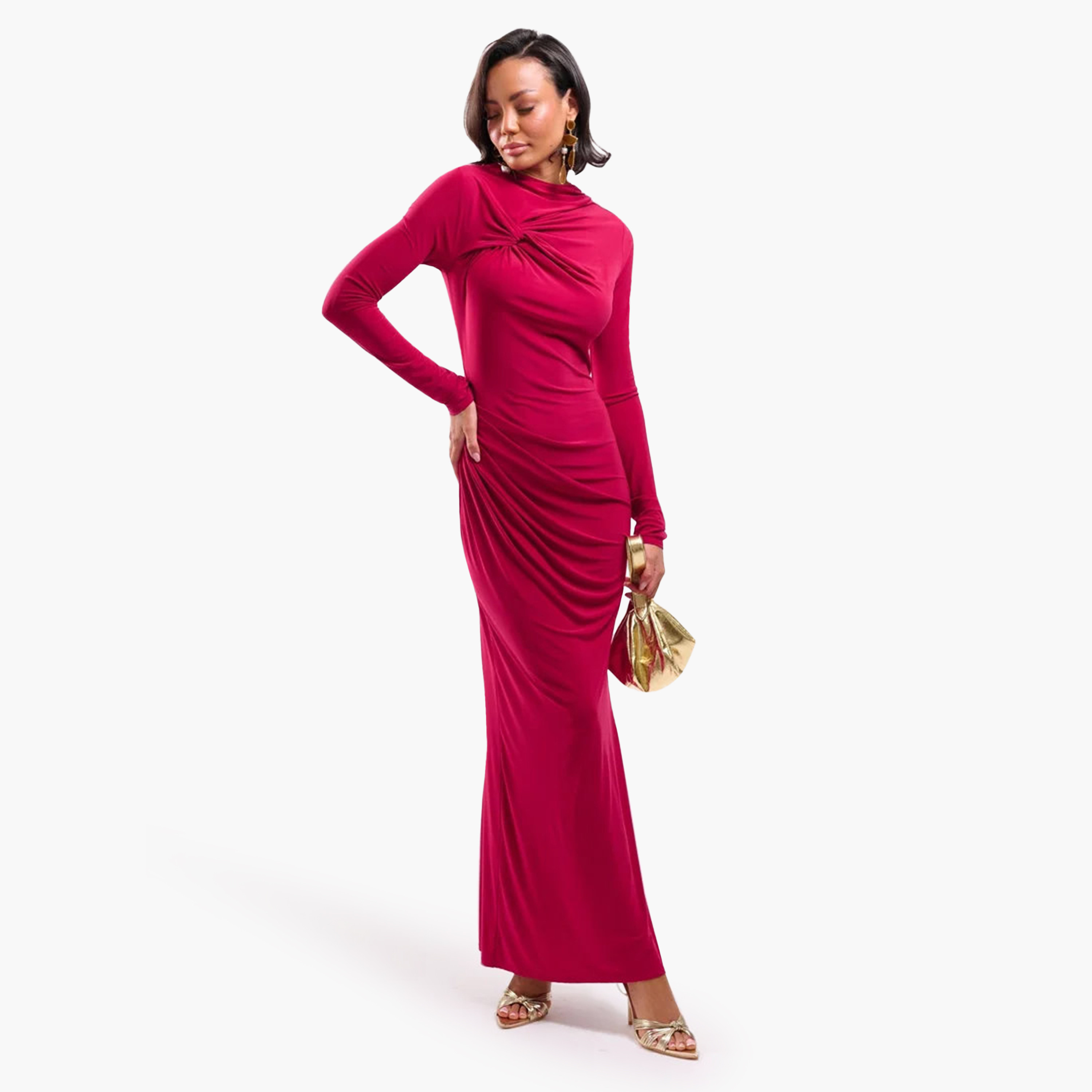FAIA Draped Mock Neck Column Women's Evening Maxi Dress-women-clothing-dresses-image-2