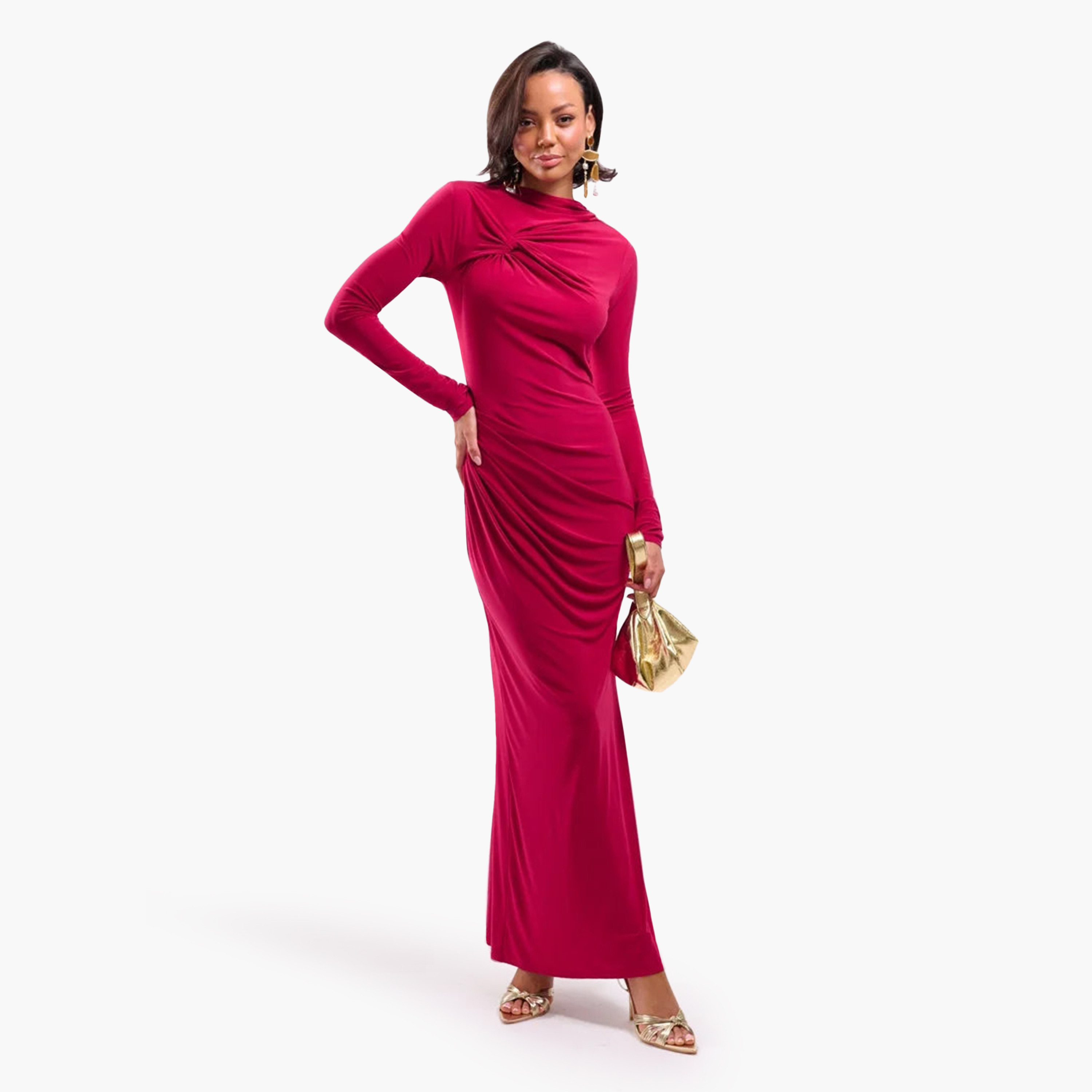 FAIA Draped Mock Neck Column Women's Evening Maxi Dress-women-clothing-dresses-image-10