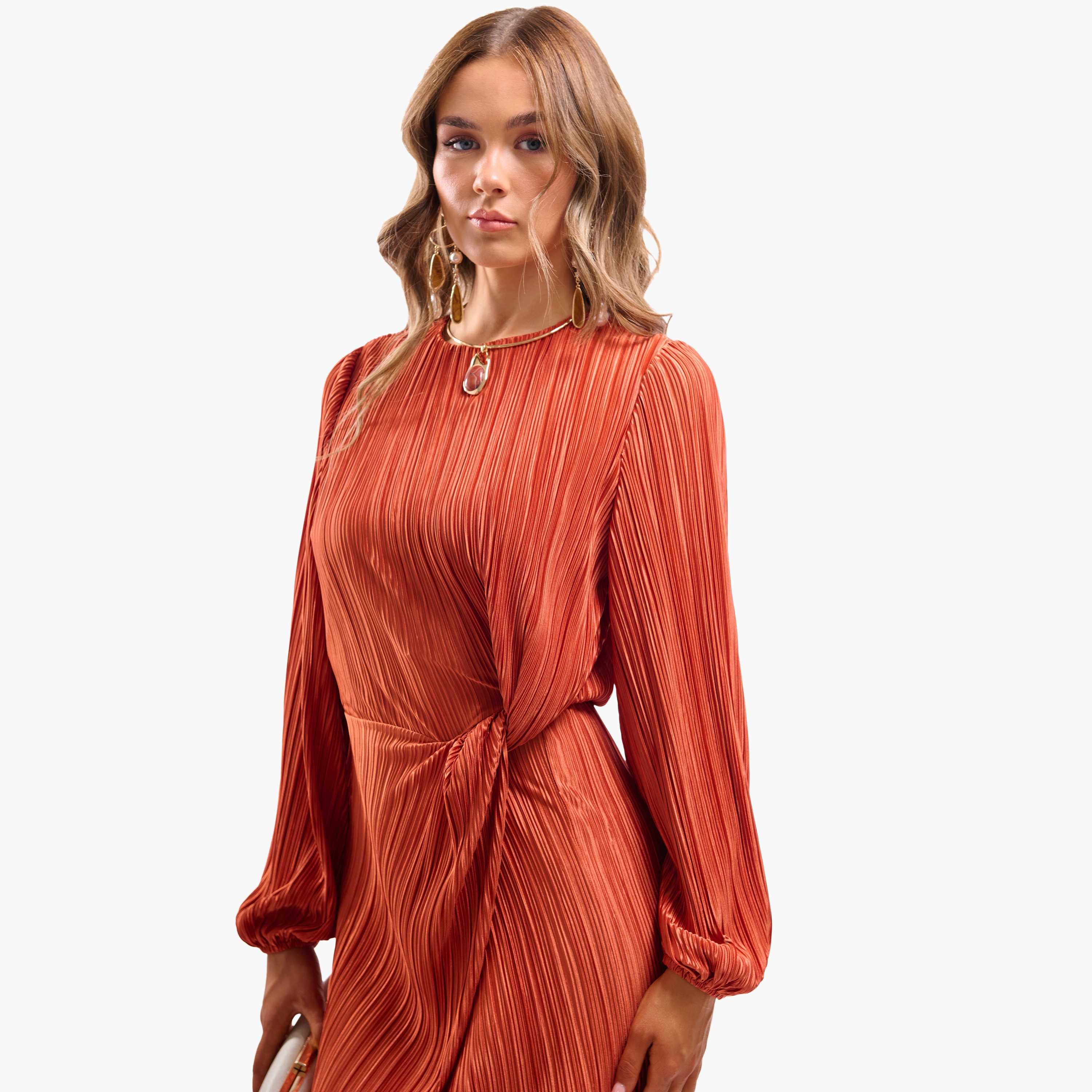 فستان سهرة ميدي نسائي مستقيم بأكمام "بيشوب" مكسرة من فايا-women-clothing-dresses-image-12