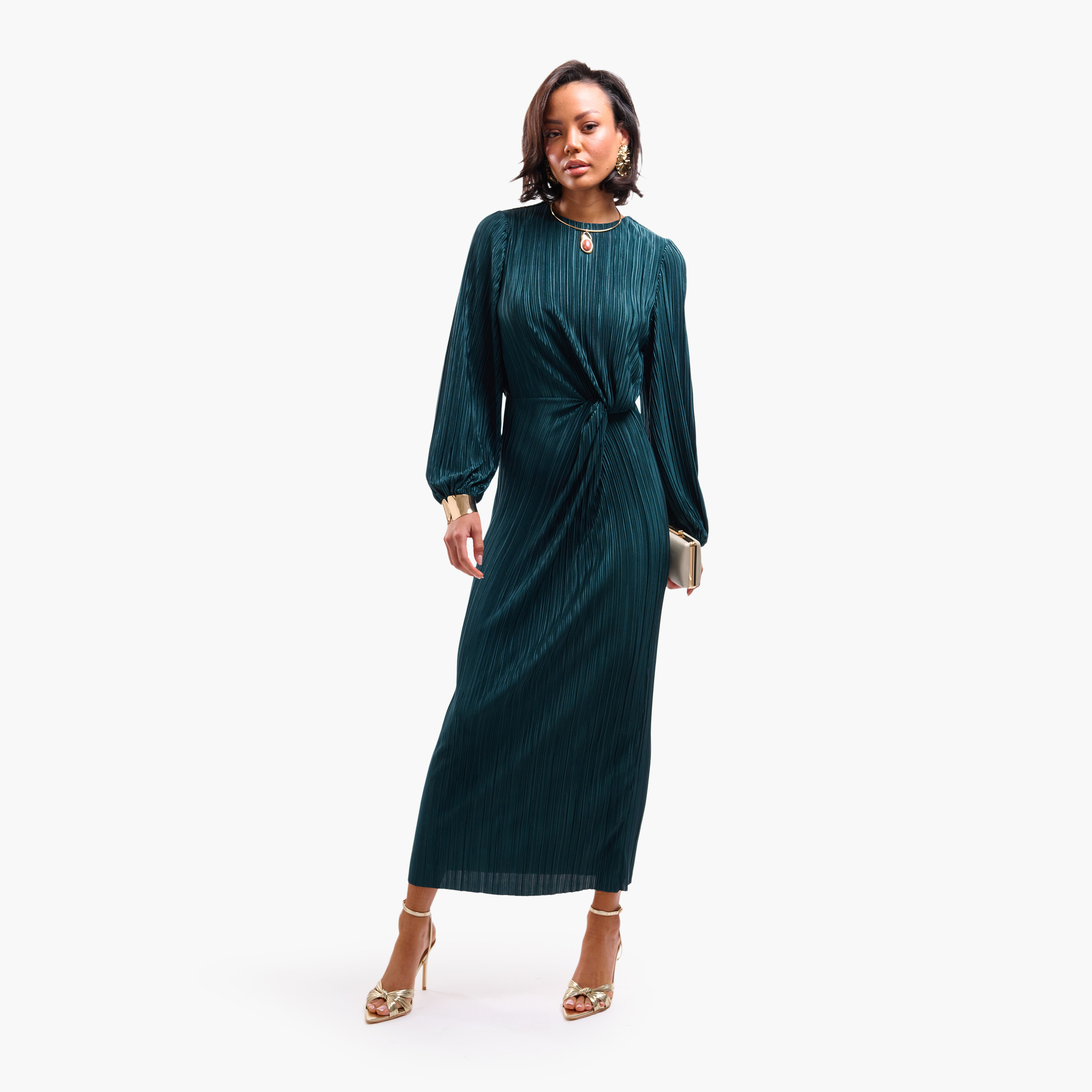 فستان سهرة ميدي نسائي مستقيم بأكمام "بيشوب" مكسرة من فايا-women-clothing-dresses-image-1