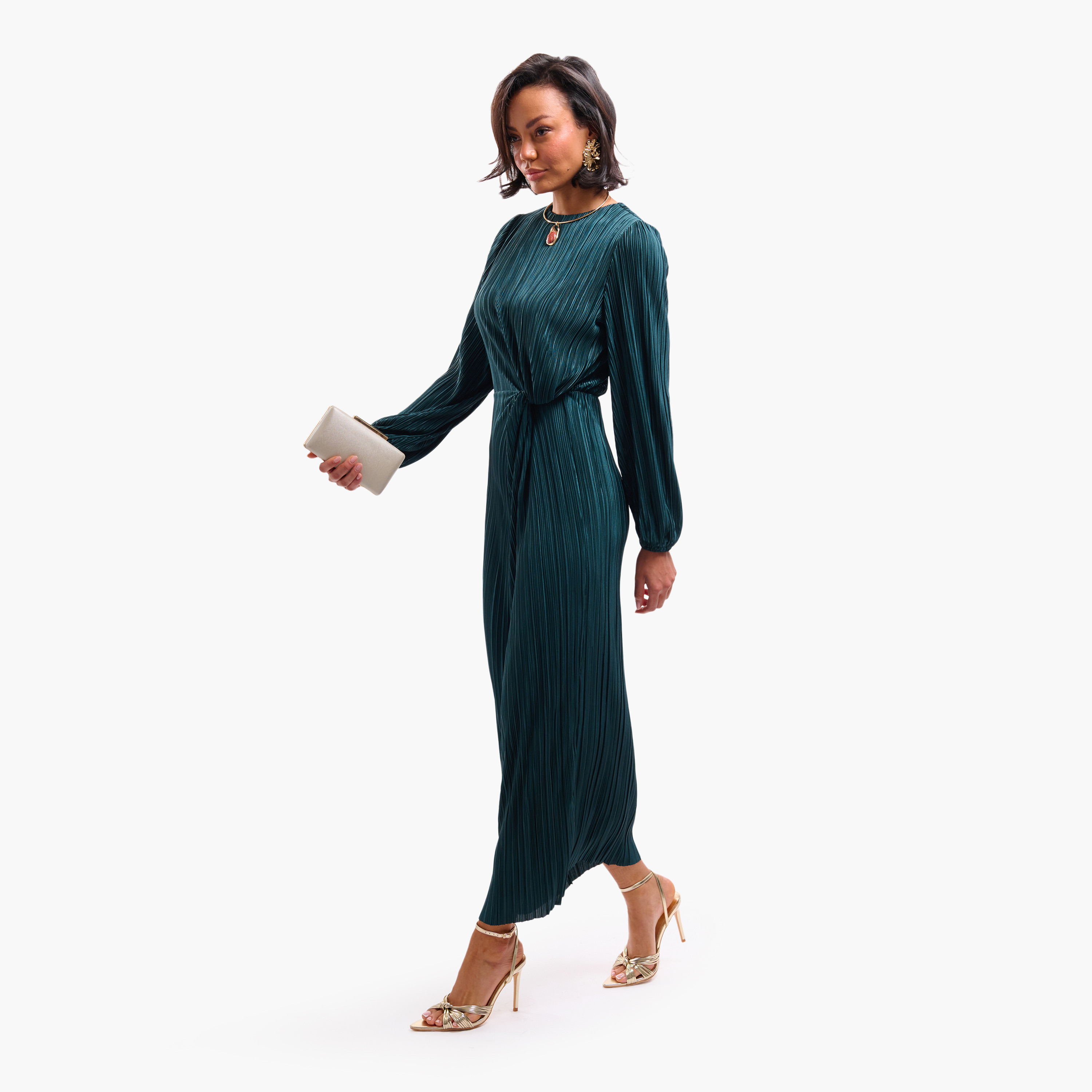 فستان سهرة ميدي نسائي مستقيم بأكمام "بيشوب" مكسرة من فايا-women-clothing-dresses-image-2
