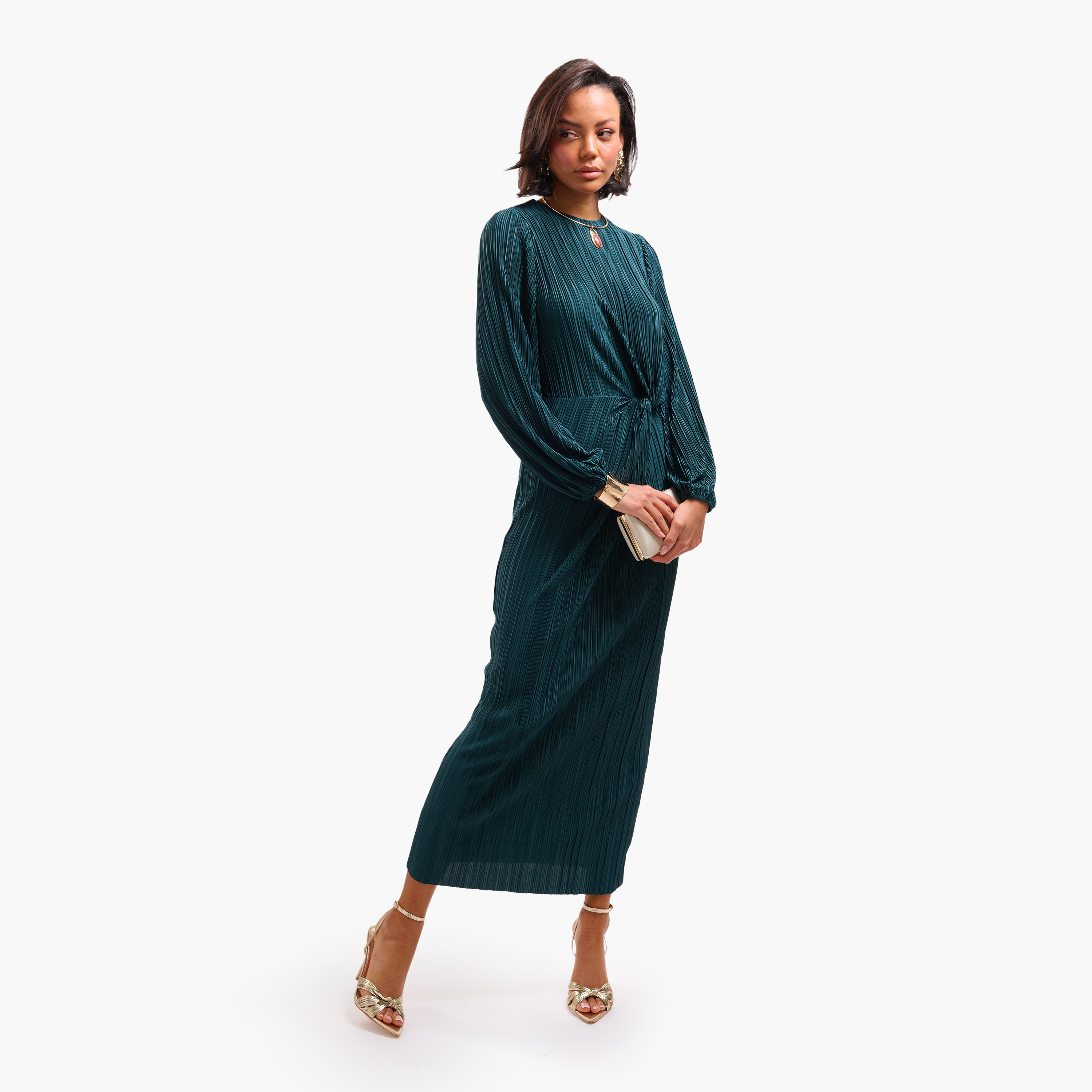 فستان سهرة ميدي نسائي مستقيم بأكمام "بيشوب" مكسرة من فايا-women-clothing-dresses-image-3