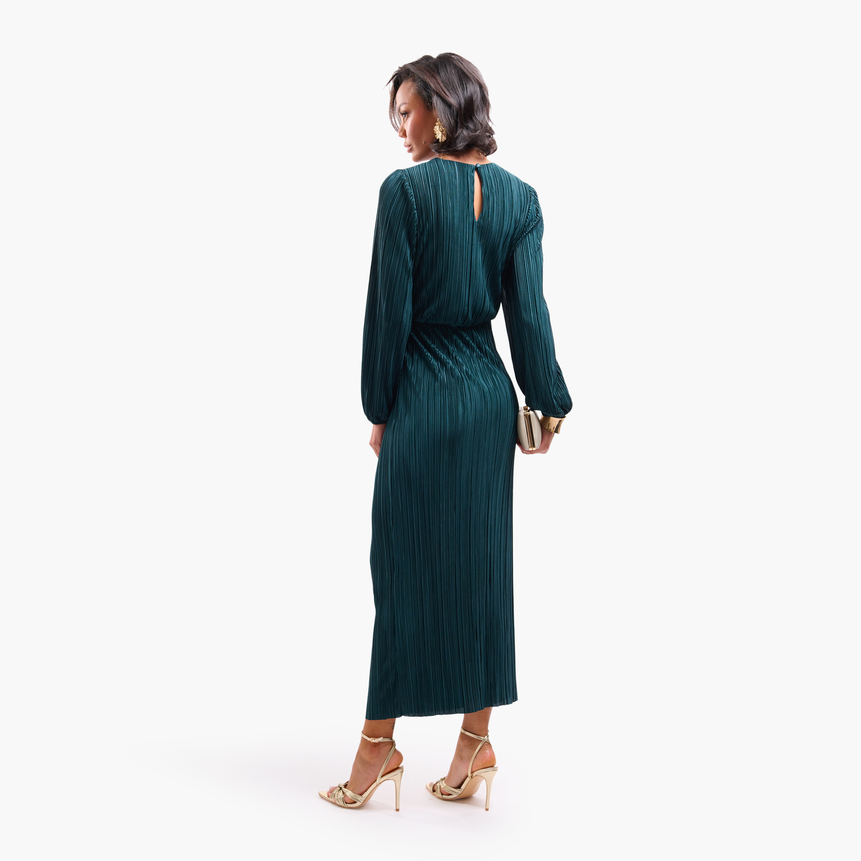 فستان سهرة ميدي نسائي مستقيم بأكمام "بيشوب" مكسرة من فايا-women-clothing-dresses-image-4