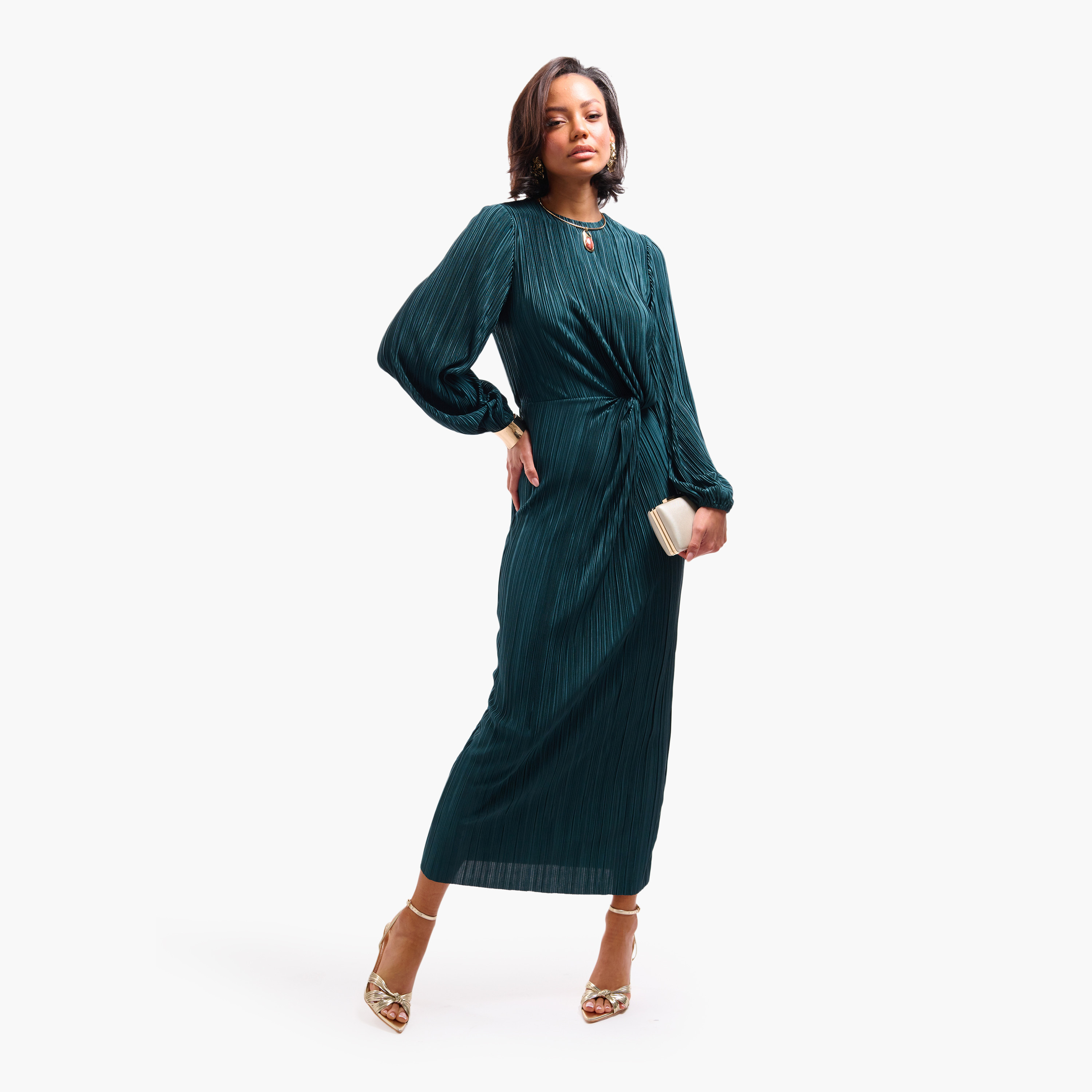 فستان سهرة ميدي نسائي مستقيم بأكمام "بيشوب" مكسرة من فايا-women-clothing-dresses-image-5