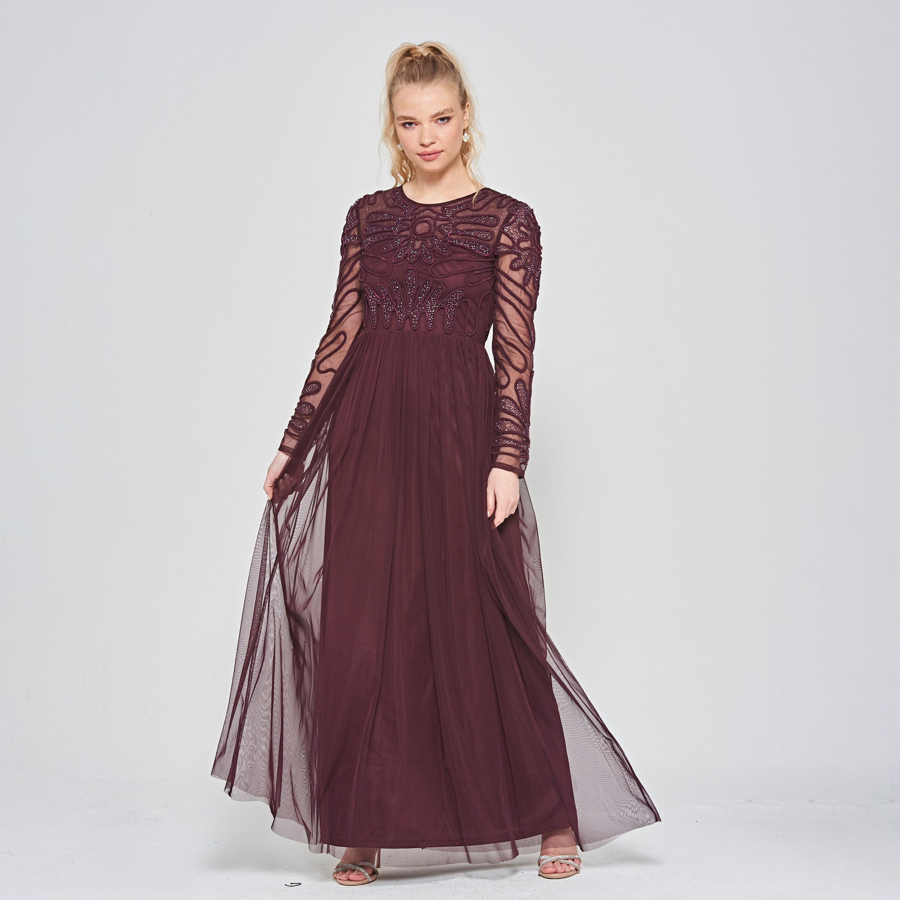 Buy Women s Frock and Frill Burgundy Embroidered Beaded Fit Flare Party Maxi Women s Dress Online Centrepoint KSA