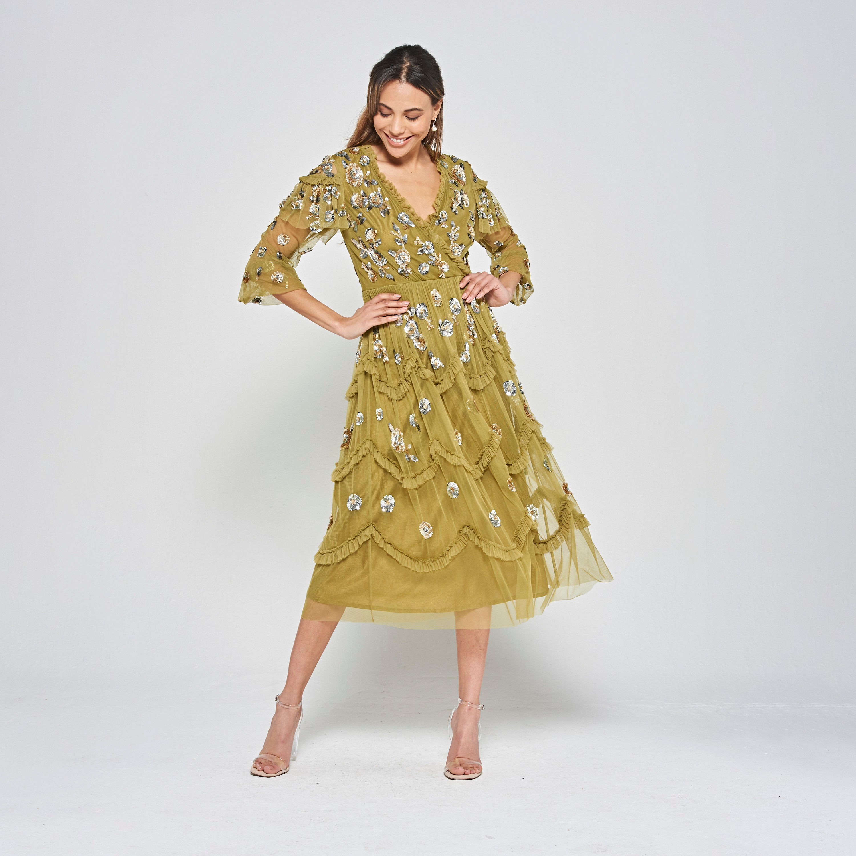Frock and Frill Willow Green Sequin Fit & Flare Party Midi Women's Dress-women-clothing-dresses-image-1