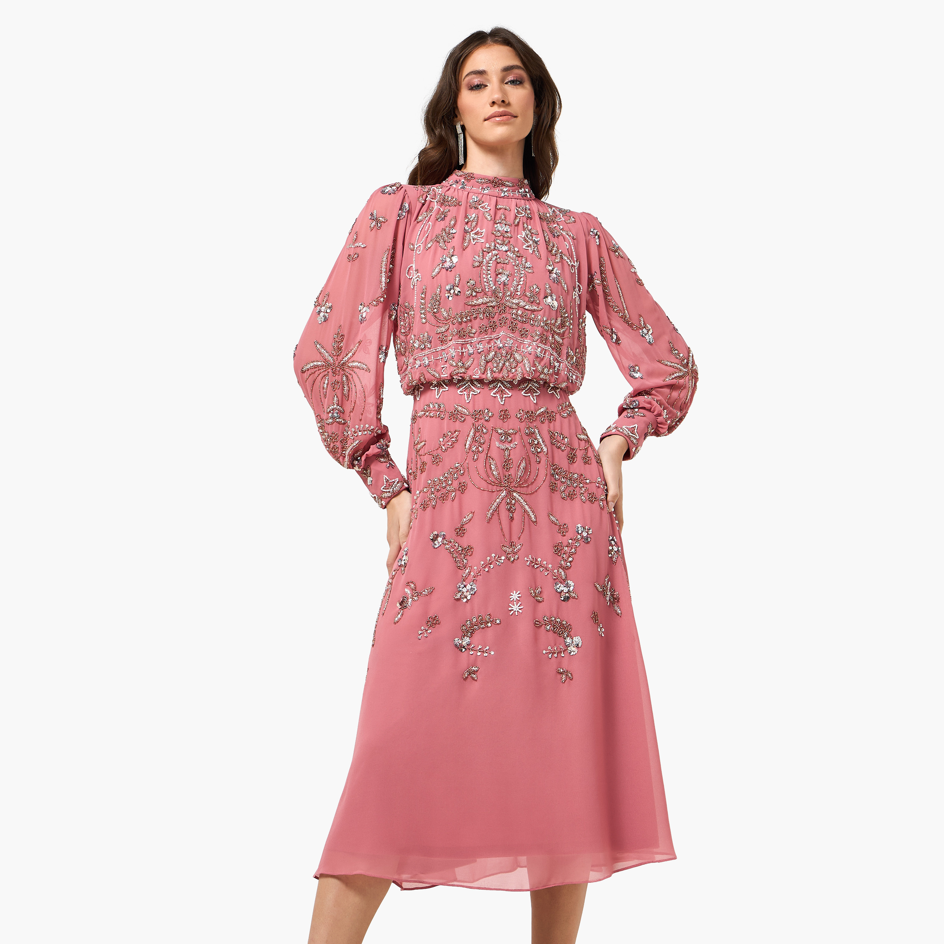 Frock and Frill Pink Beaded Mock Neck Balloon Sleeves Women's Evening Midi Dress-women-clothing-dresses-image-1