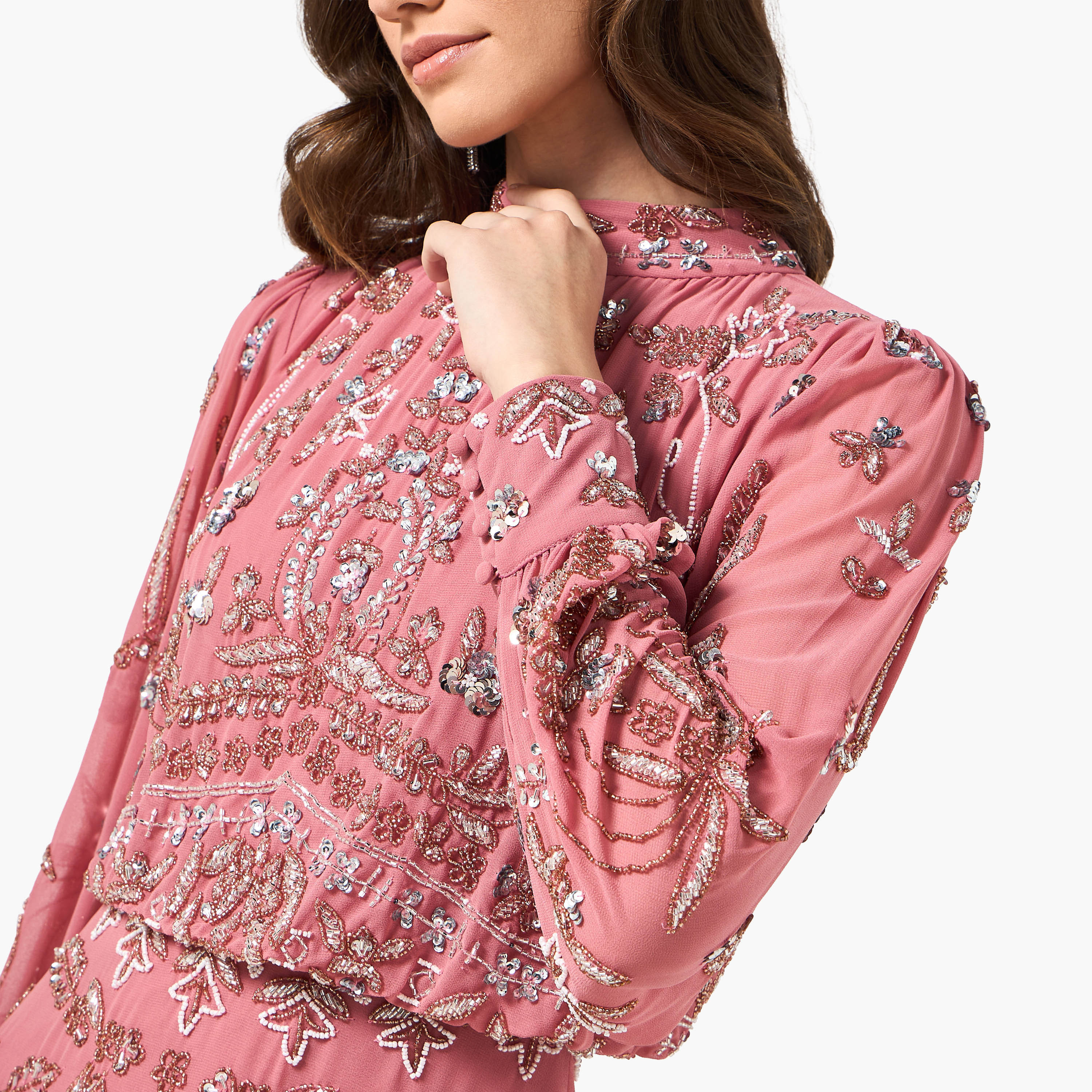 Frock and Frill Pink Beaded Mock Neck Balloon Sleeves Women's Evening Midi Dress-women-clothing-dresses-image-2