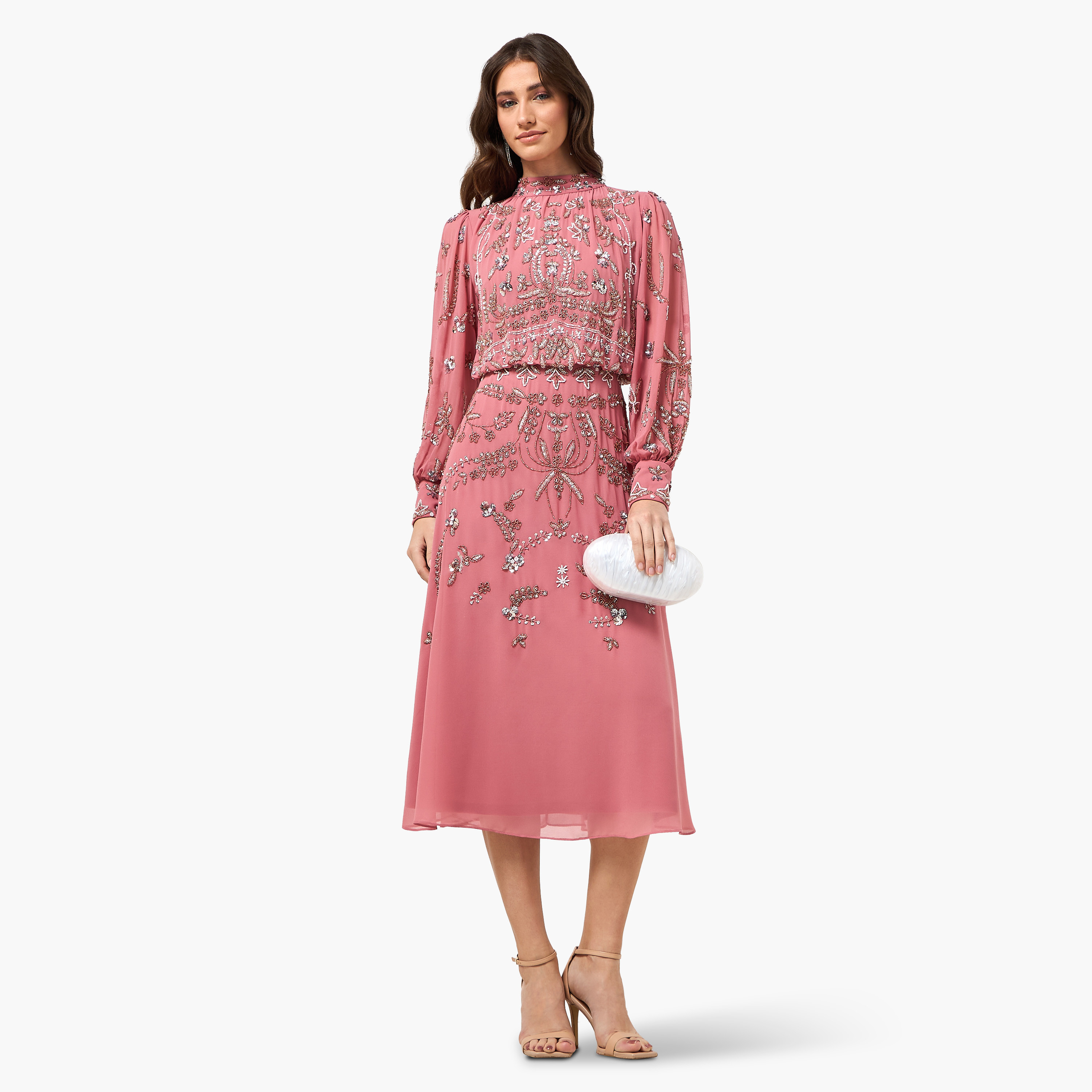 Frock and Frill Pink Beaded Mock Neck Balloon Sleeves Women's Evening Midi Dress-women-clothing-dresses-image-3