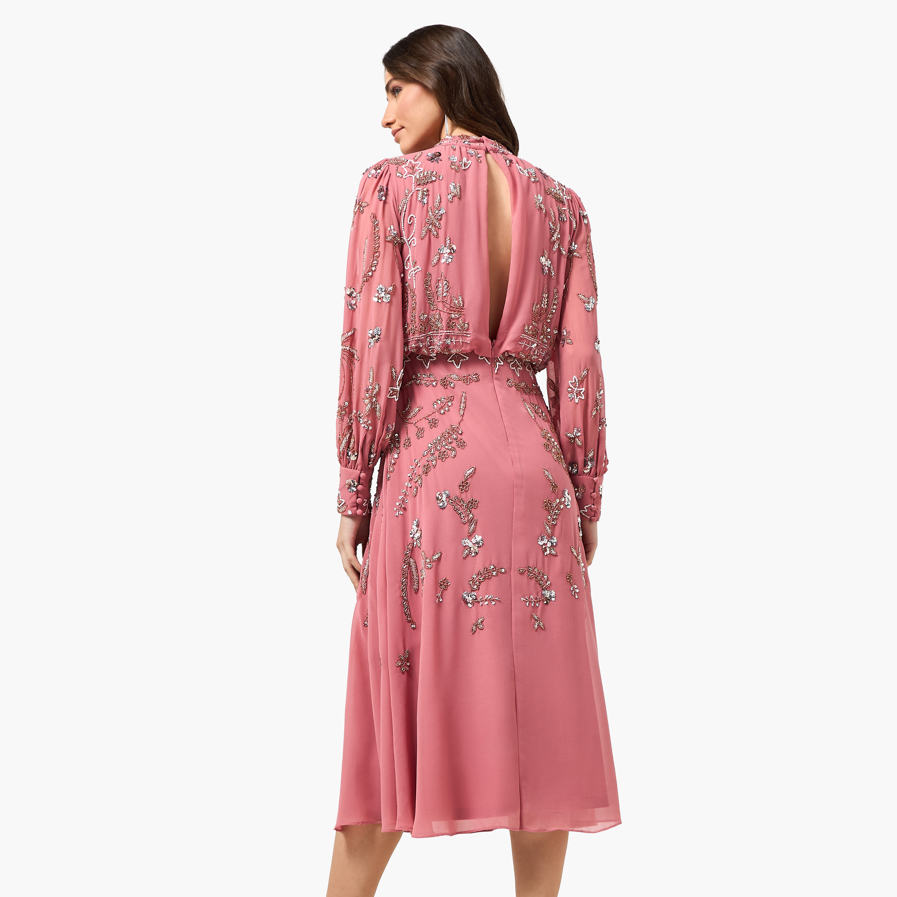 Frock and Frill Pink Beaded Mock Neck Balloon Sleeves Women's Evening Midi Dress-women-clothing-dresses-image-4