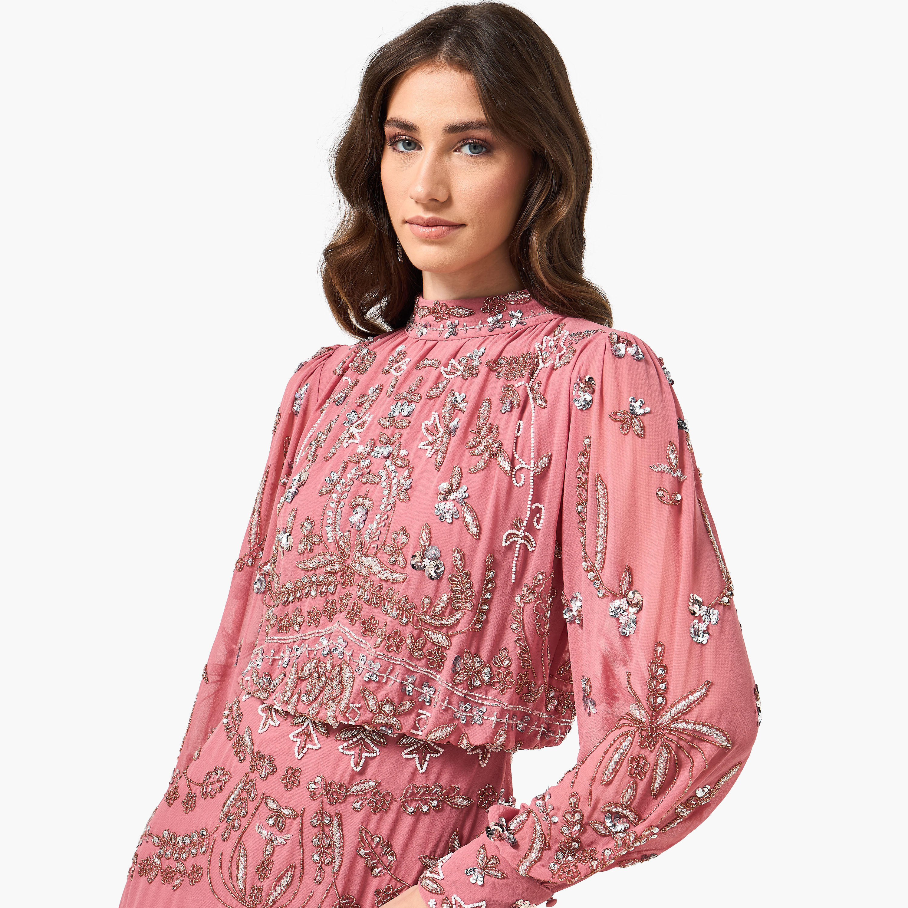 Frock and Frill Pink Beaded Mock Neck Balloon Sleeves Women's Evening Midi Dress-women-clothing-dresses-image-5