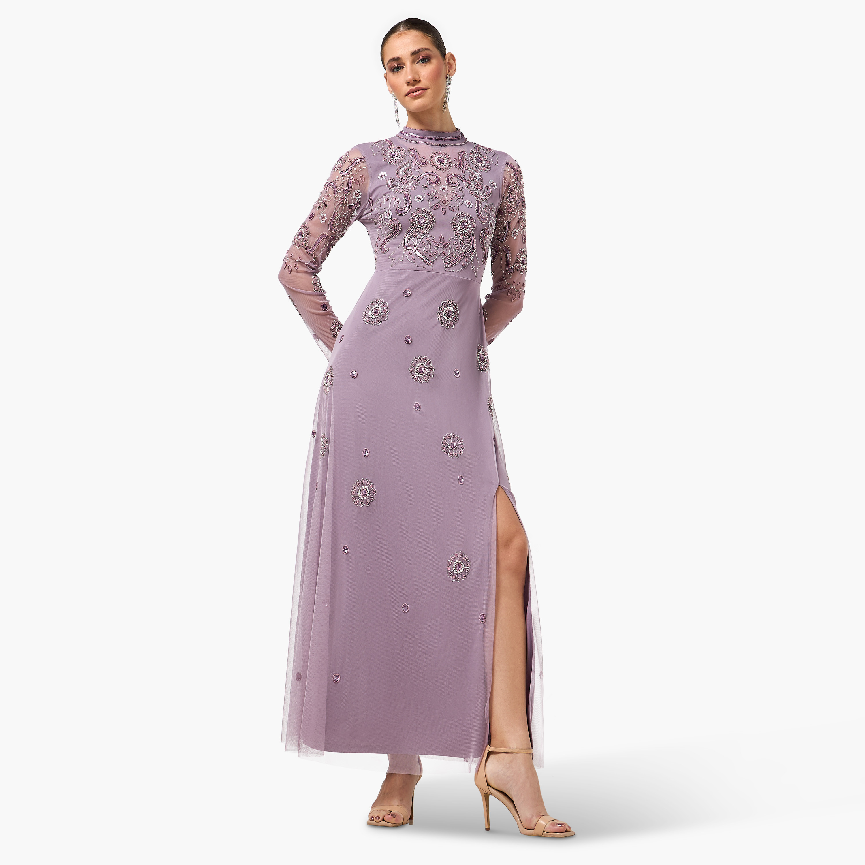 Frock and Frill Lavender Beaded Mock Neck Slit Women's Evening Maxi Dress-women-clothing-dresses-image-1
