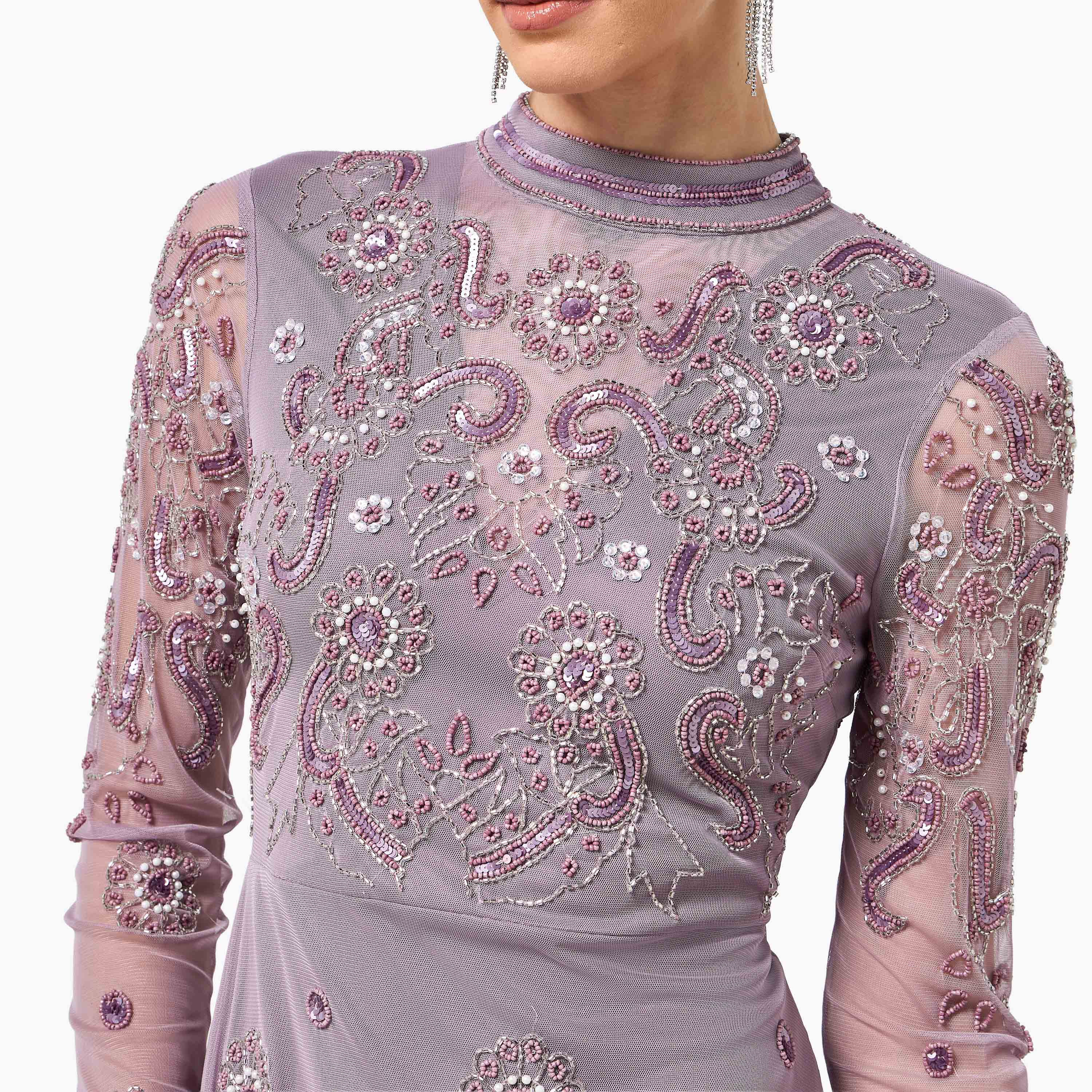 Frock and Frill Lavender Beaded Mock Neck Slit Women's Evening Maxi Dress-women-clothing-dresses-image-2