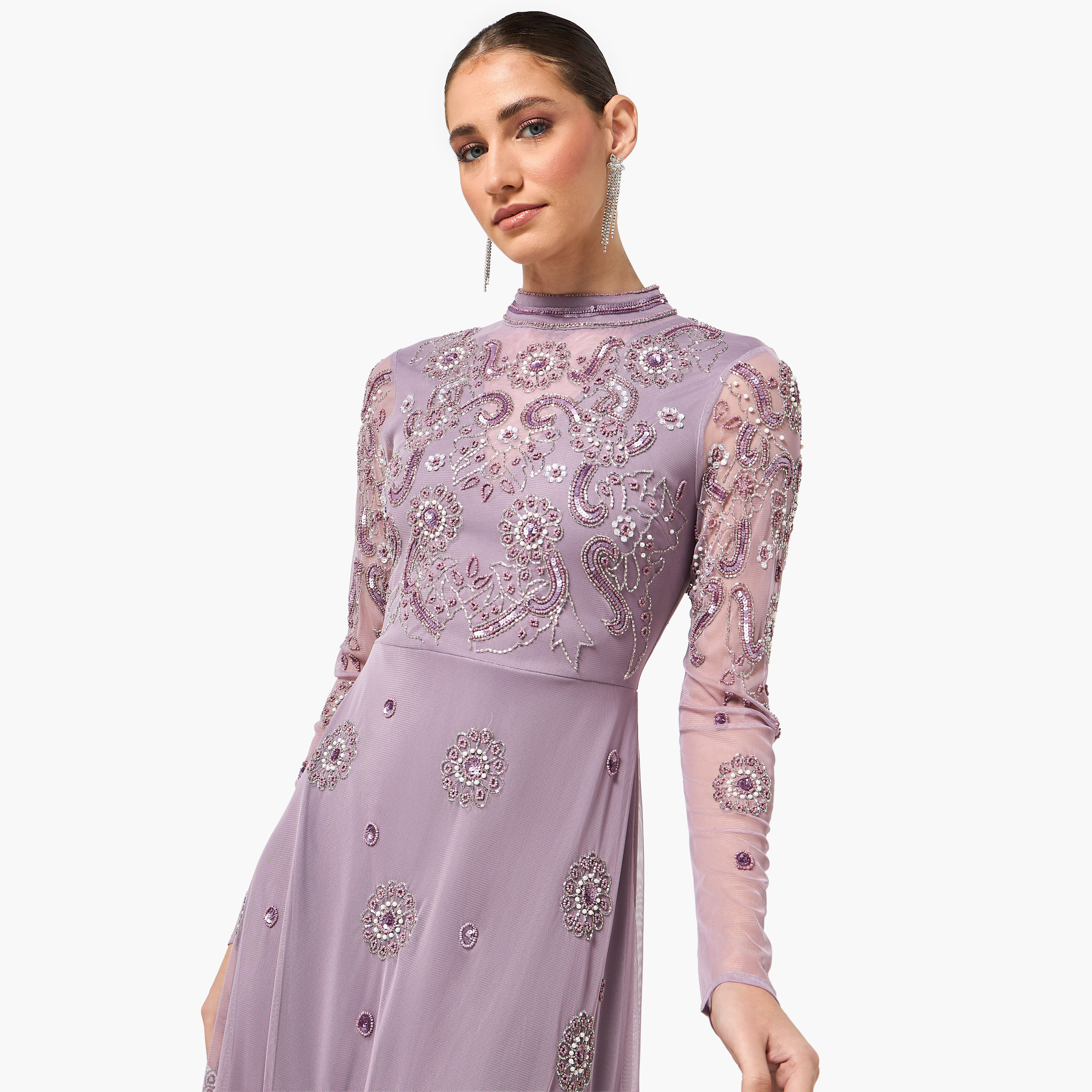 Frock and Frill Lavender Beaded Mock Neck Slit Women's Evening Maxi Dress-women-clothing-dresses-image-4