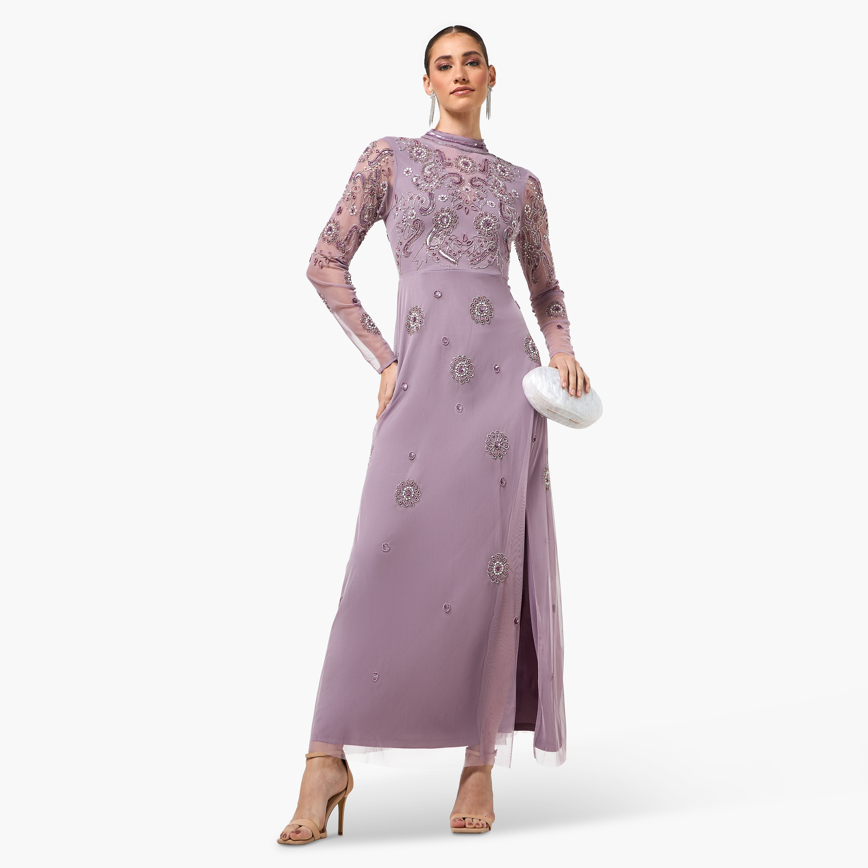 Frock and Frill Lavender Beaded Mock Neck Slit Women's Evening Maxi Dress-women-clothing-dresses-image-5