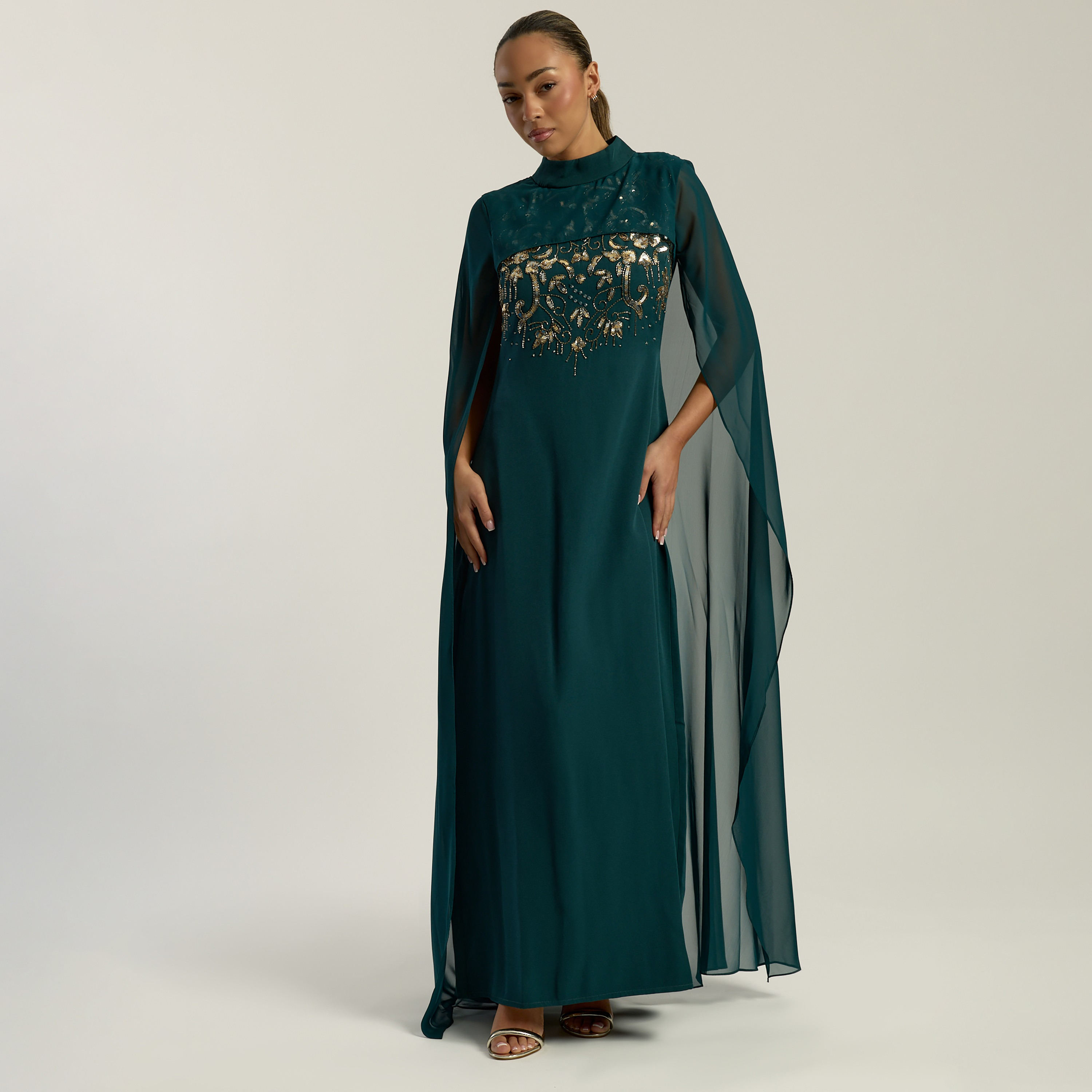 Frock and Frill Rain Forest Beaded Mock Neck Women's Evening Maxi Dress with Cape Overlay-women-clothing-dresses-image-1