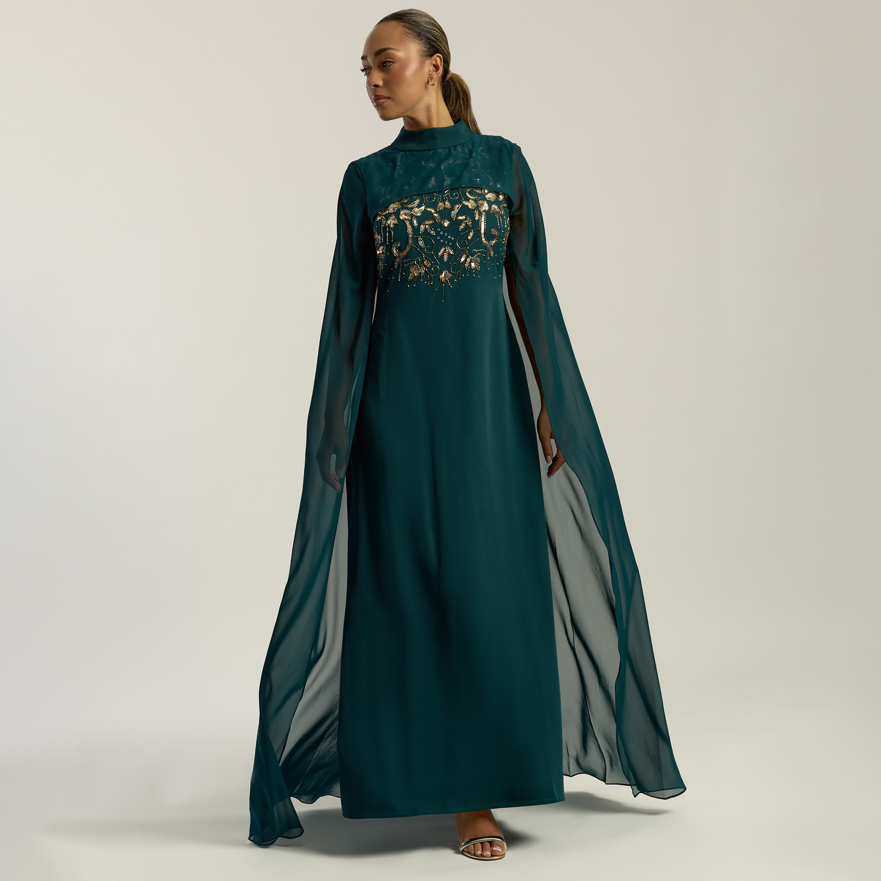 Frock and Frill Rain Forest Beaded Mock Neck Women's Evening Maxi Dress with Cape Overlay-women-clothing-dresses-image-2