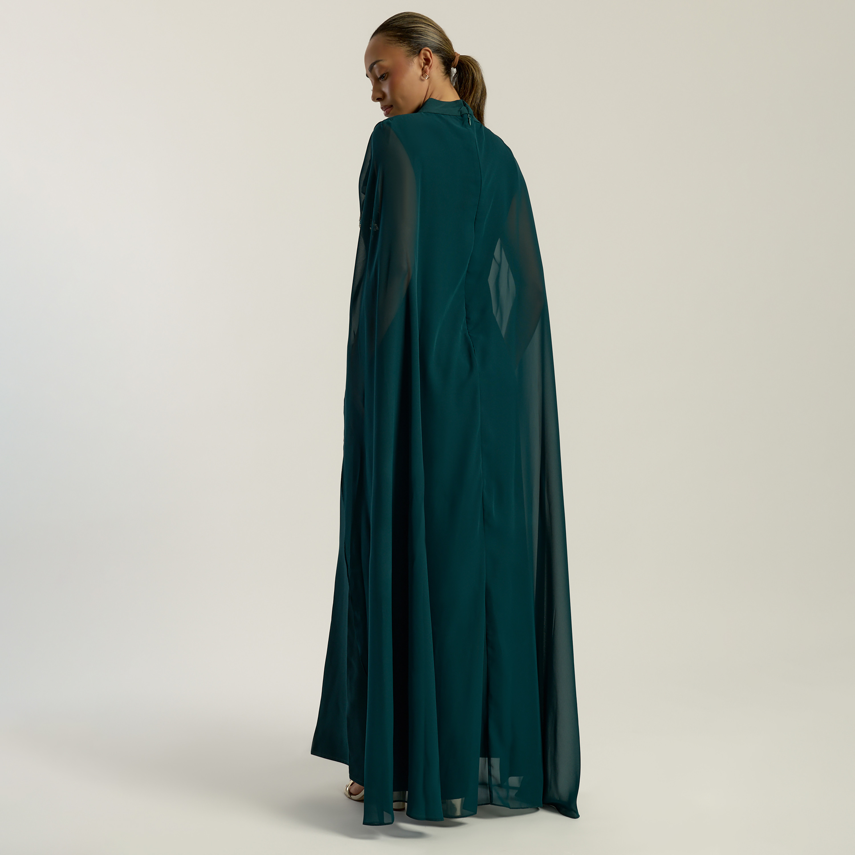 Frock and Frill Rain Forest Beaded Mock Neck Women's Evening Maxi Dress with Cape Overlay-women-clothing-dresses-image-3
