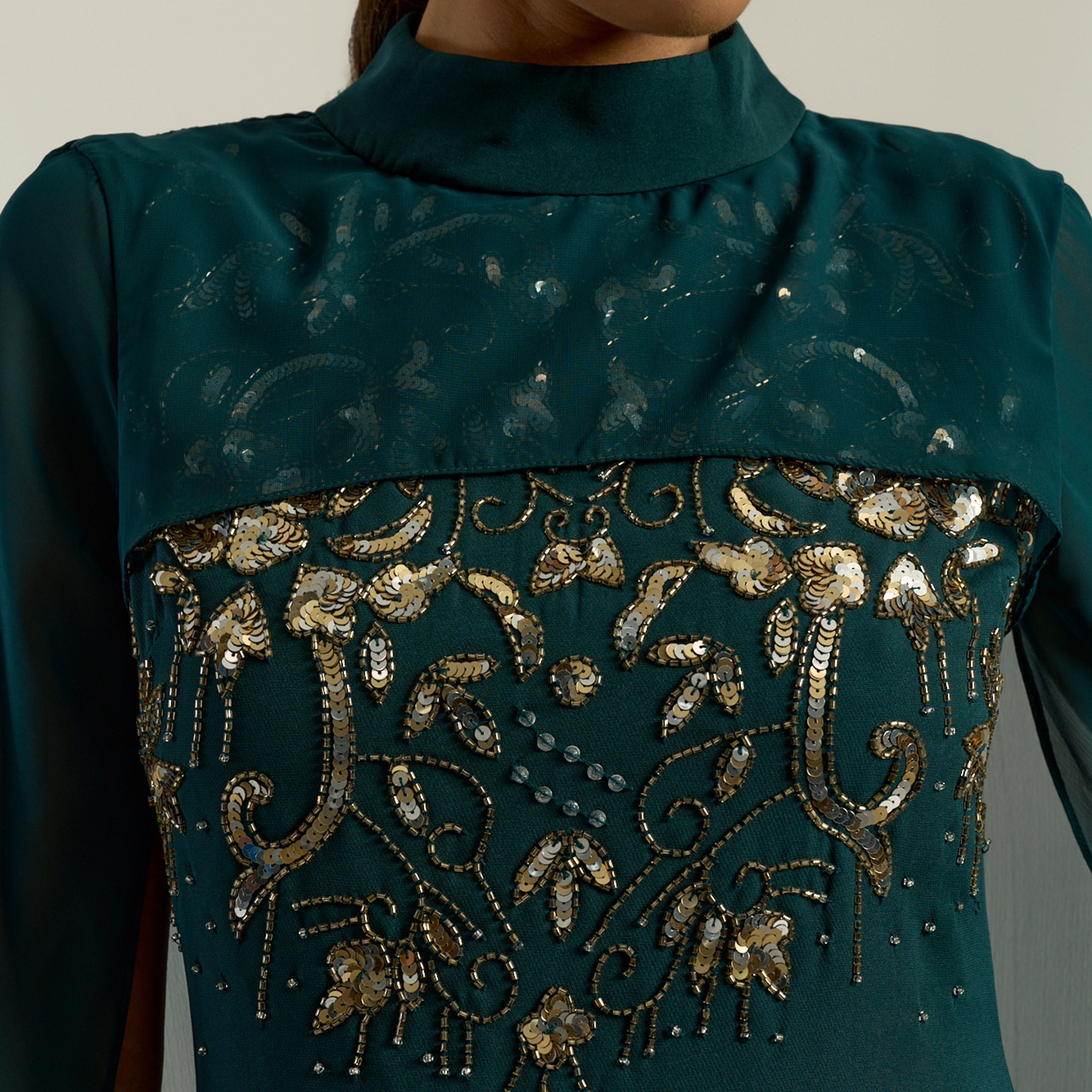 Frock and Frill Rain Forest Beaded Mock Neck Women's Evening Maxi Dress with Cape Overlay-women-clothing-dresses-image-4