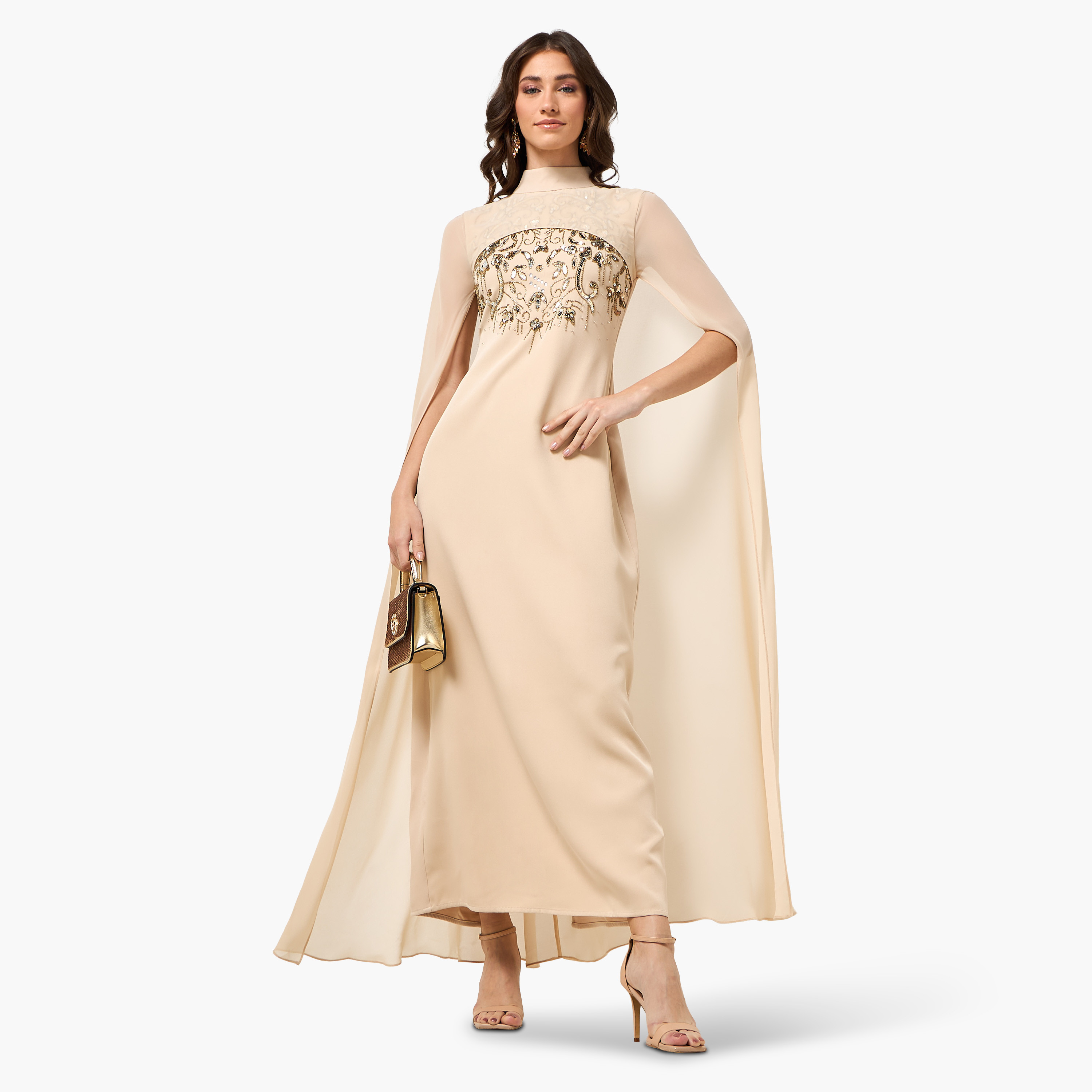 Frock and Frill Nude Sequined & Beaded High Neck Cape Sleeves Women's Evening Maxi Dress-women-clothing-dresses-image-3
