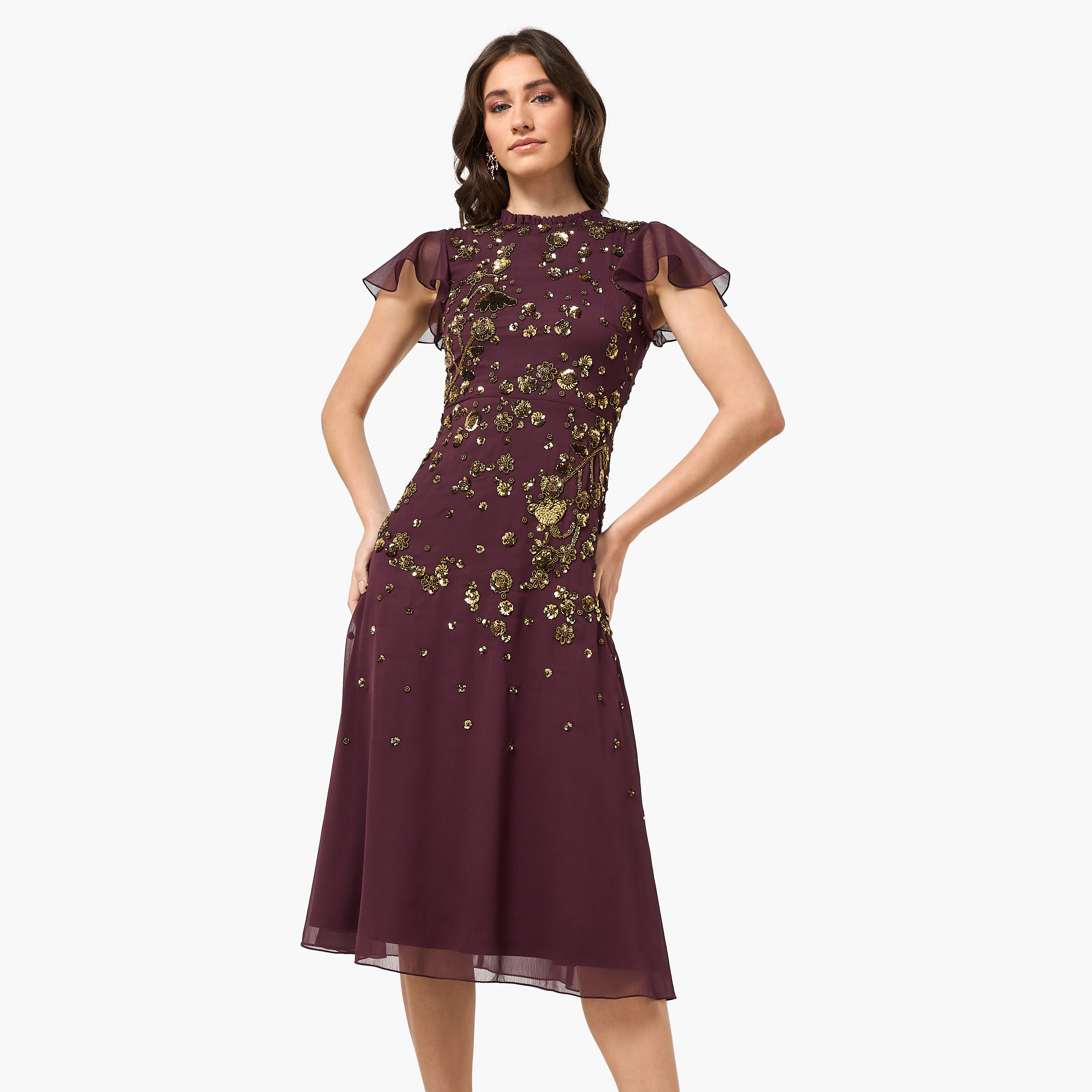 Frock and Frill Wine Beaded Ruffled Neck Cap Sleeves Women's Evening Midi Dress-women-clothing-dresses-image-1