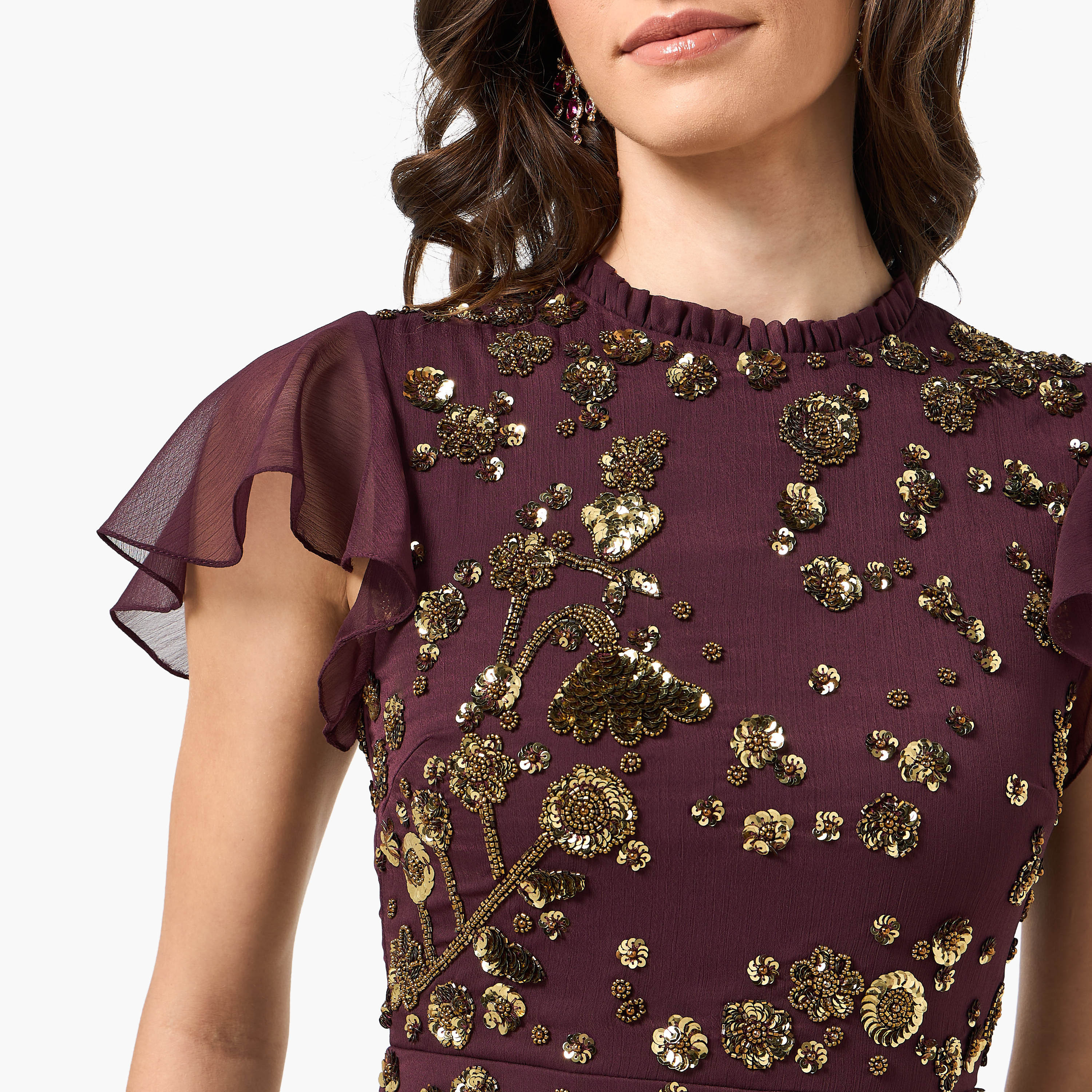 Frock and Frill Wine Beaded Ruffled Neck Cap Sleeves Women's Evening Midi Dress-women-clothing-dresses-image-2