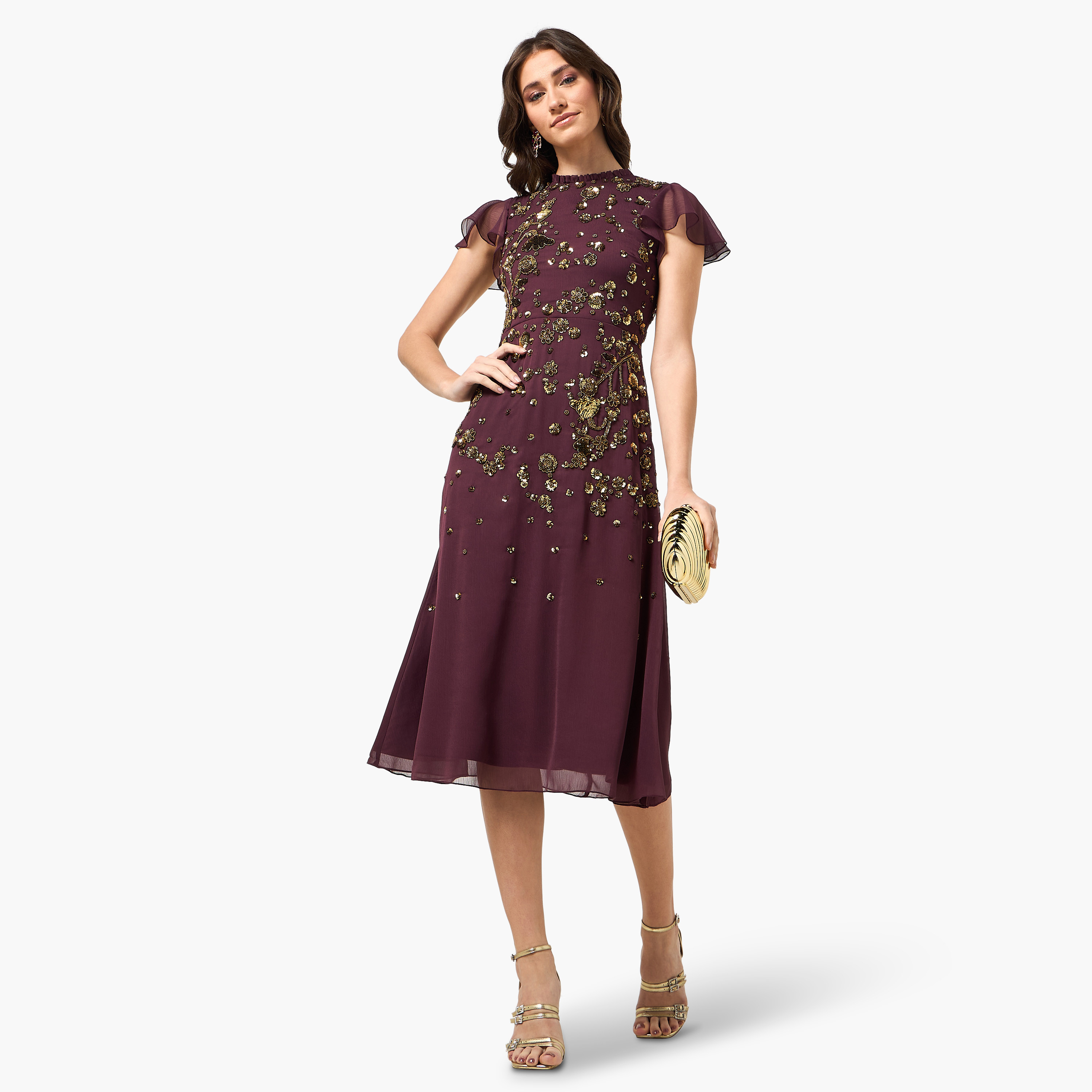 Frock and Frill Wine Beaded Ruffled Neck Cap Sleeves Women's Evening Midi Dress-women-clothing-dresses-image-3