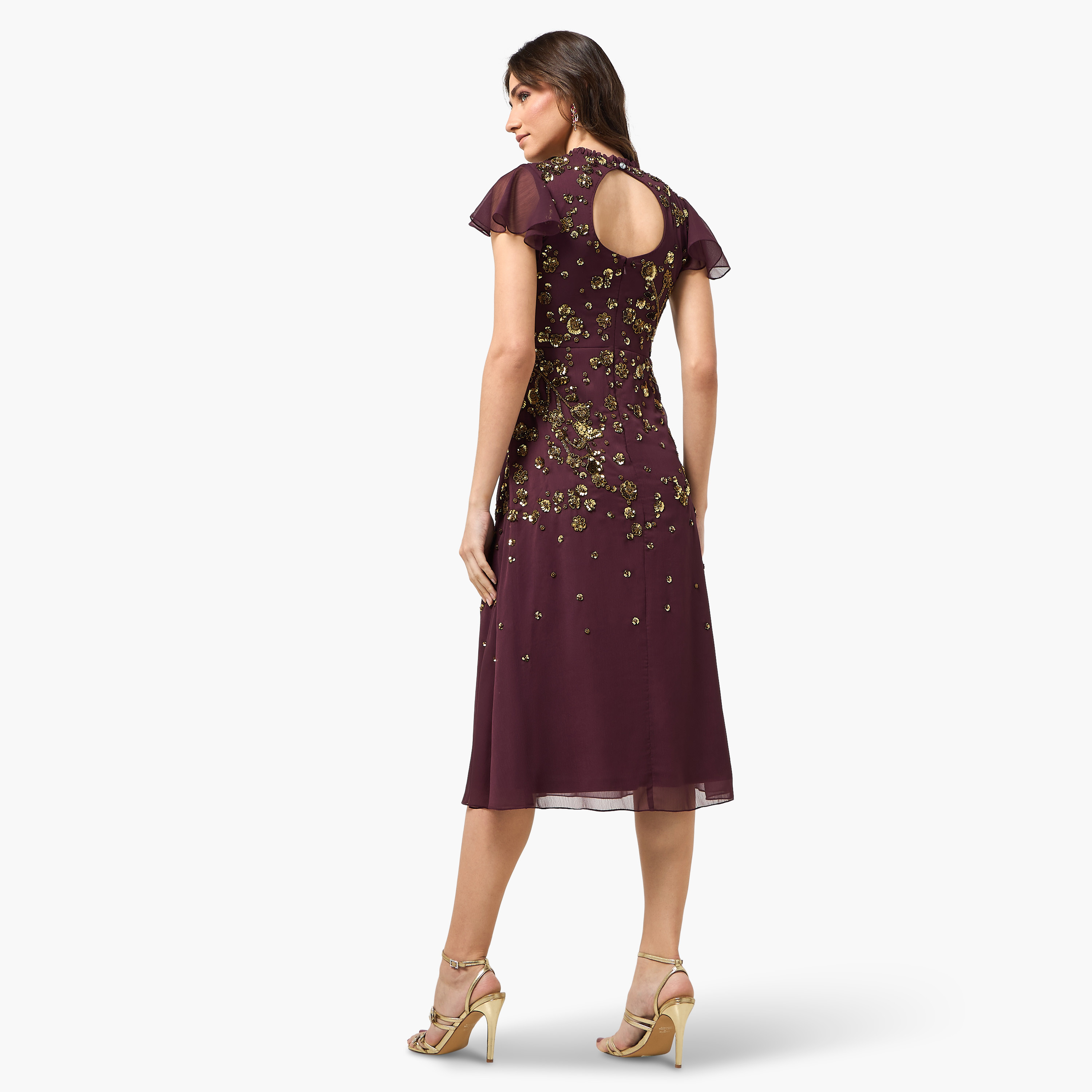 Frock and Frill Wine Beaded Ruffled Neck Cap Sleeves Women's Evening Midi Dress-women-clothing-dresses-image-4