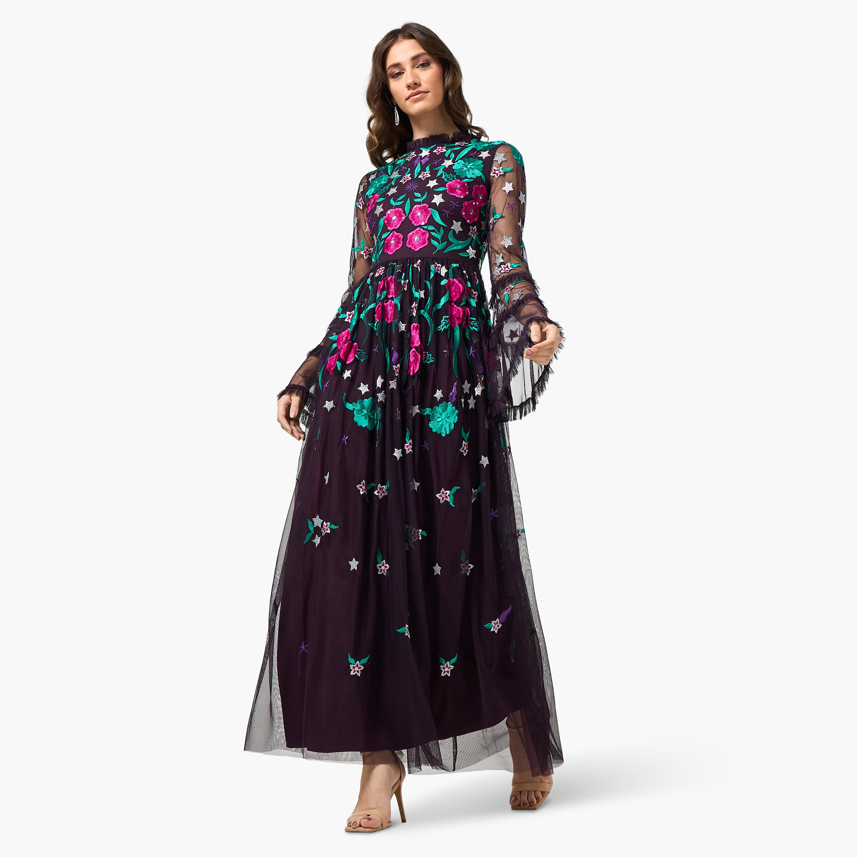Frock and Frill Purple Floral Embroidered Round Neck Bell Sleeves Flared Women's Evening Maxi Dress-women-clothing-dresses-image-1