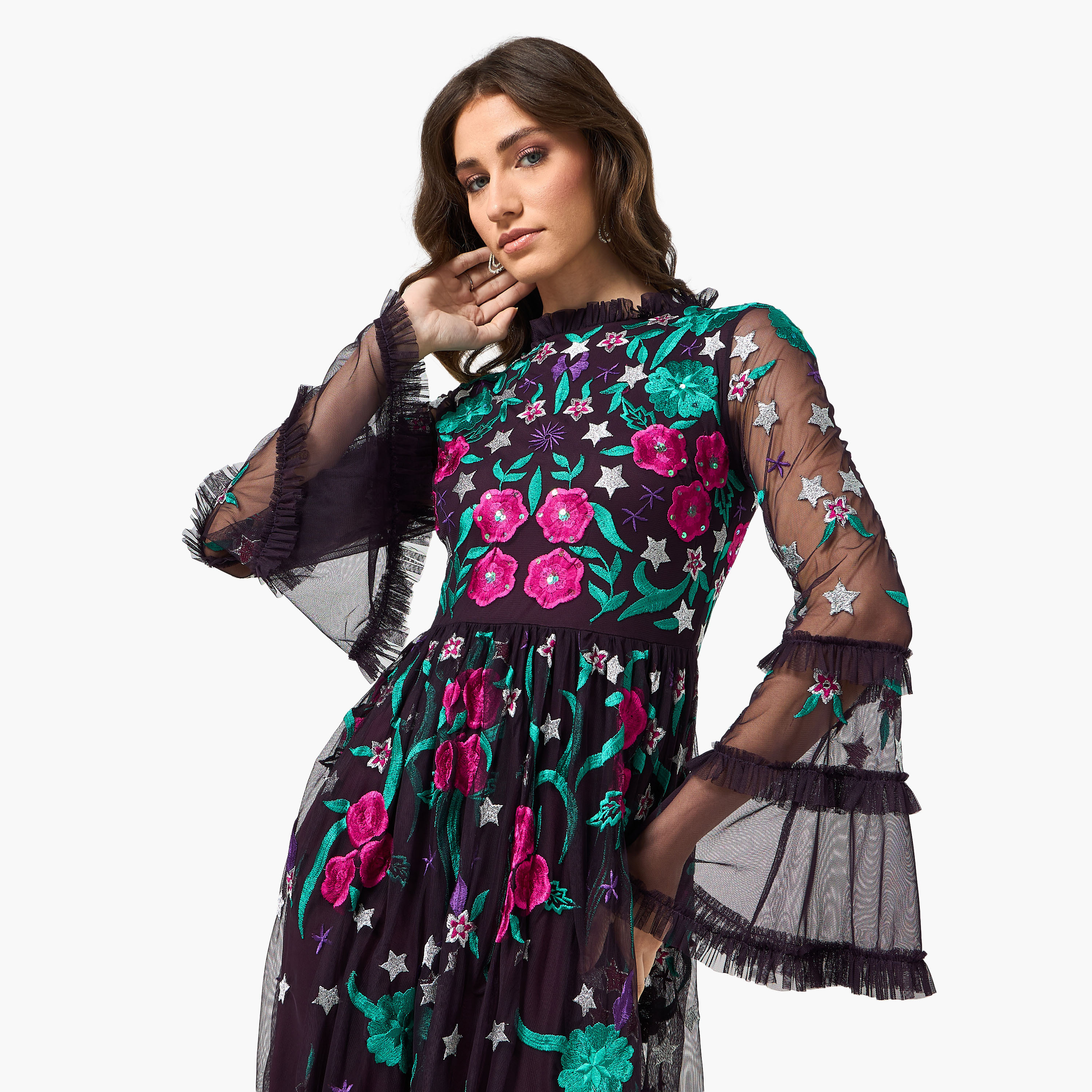 Frock and Frill Purple Floral Embroidered Round Neck Bell Sleeves Flared Women's Evening Maxi Dress-women-clothing-dresses-image-5
