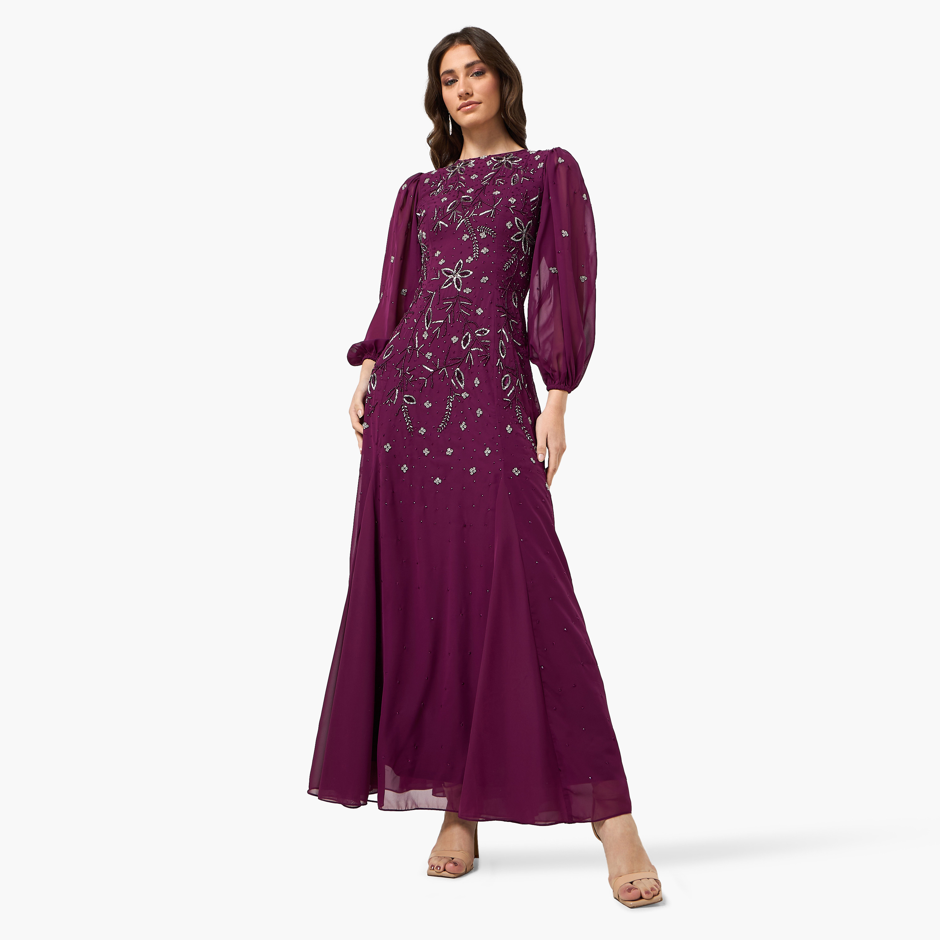 فستان سهرة ماكسي بأكمام "بيشوب" وتطريز زهور وخرز لون أرجواني من فروك آند فريل-women-clothing-dresses-image-1