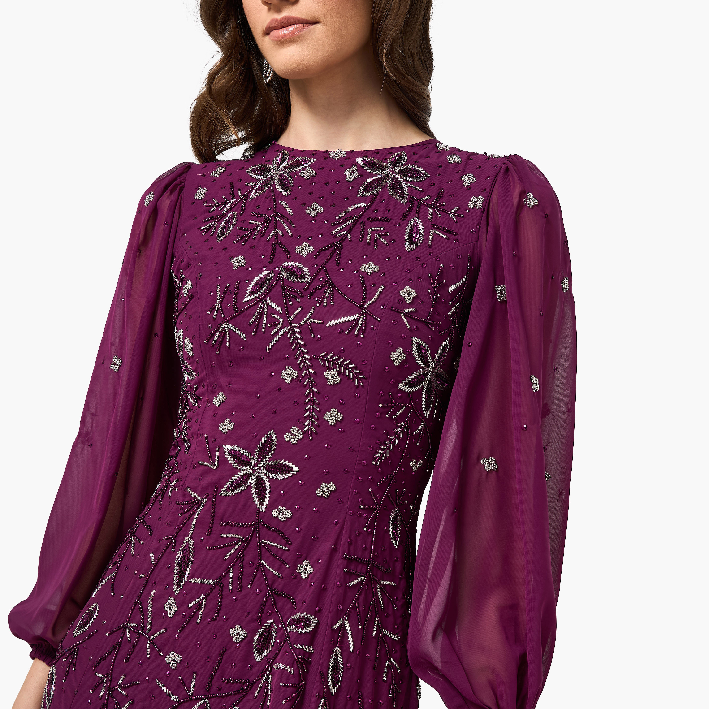 فستان سهرة ماكسي بأكمام "بيشوب" وتطريز زهور وخرز لون أرجواني من فروك آند فريل-women-clothing-dresses-image-2