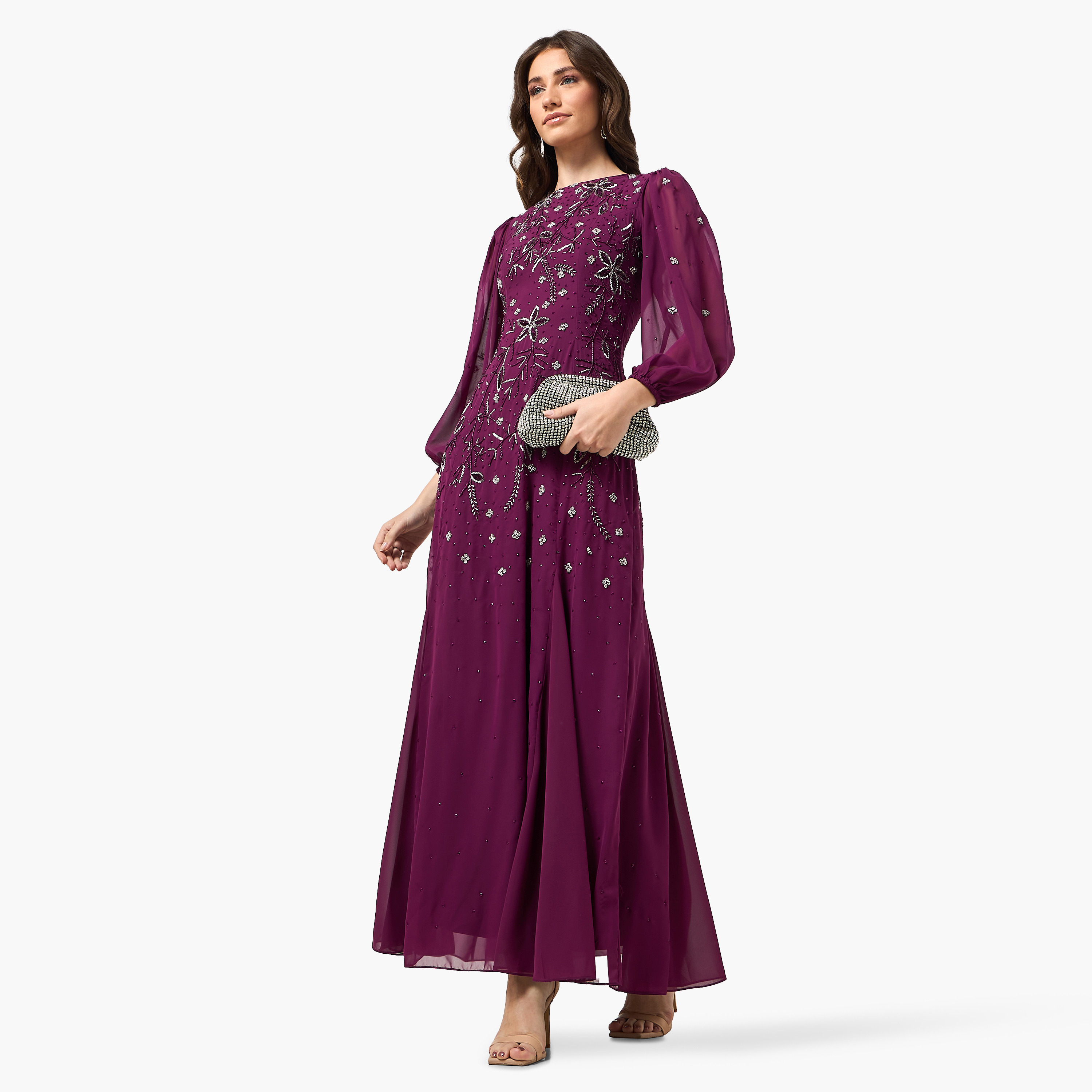 فستان سهرة ماكسي بأكمام "بيشوب" وتطريز زهور وخرز لون أرجواني من فروك آند فريل-women-clothing-dresses-image-3