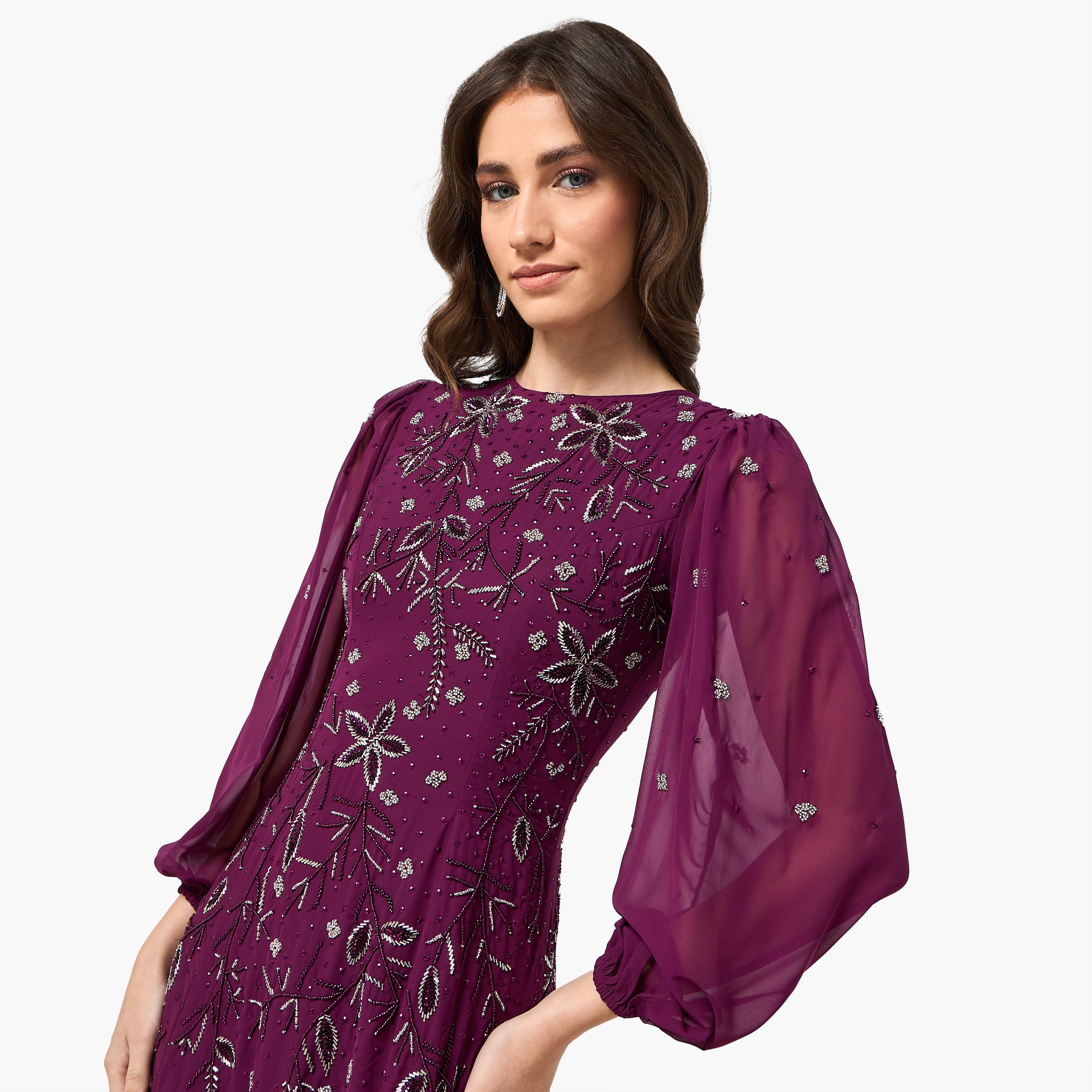فستان سهرة ماكسي بأكمام "بيشوب" وتطريز زهور وخرز لون أرجواني من فروك آند فريل-women-clothing-dresses-image-5