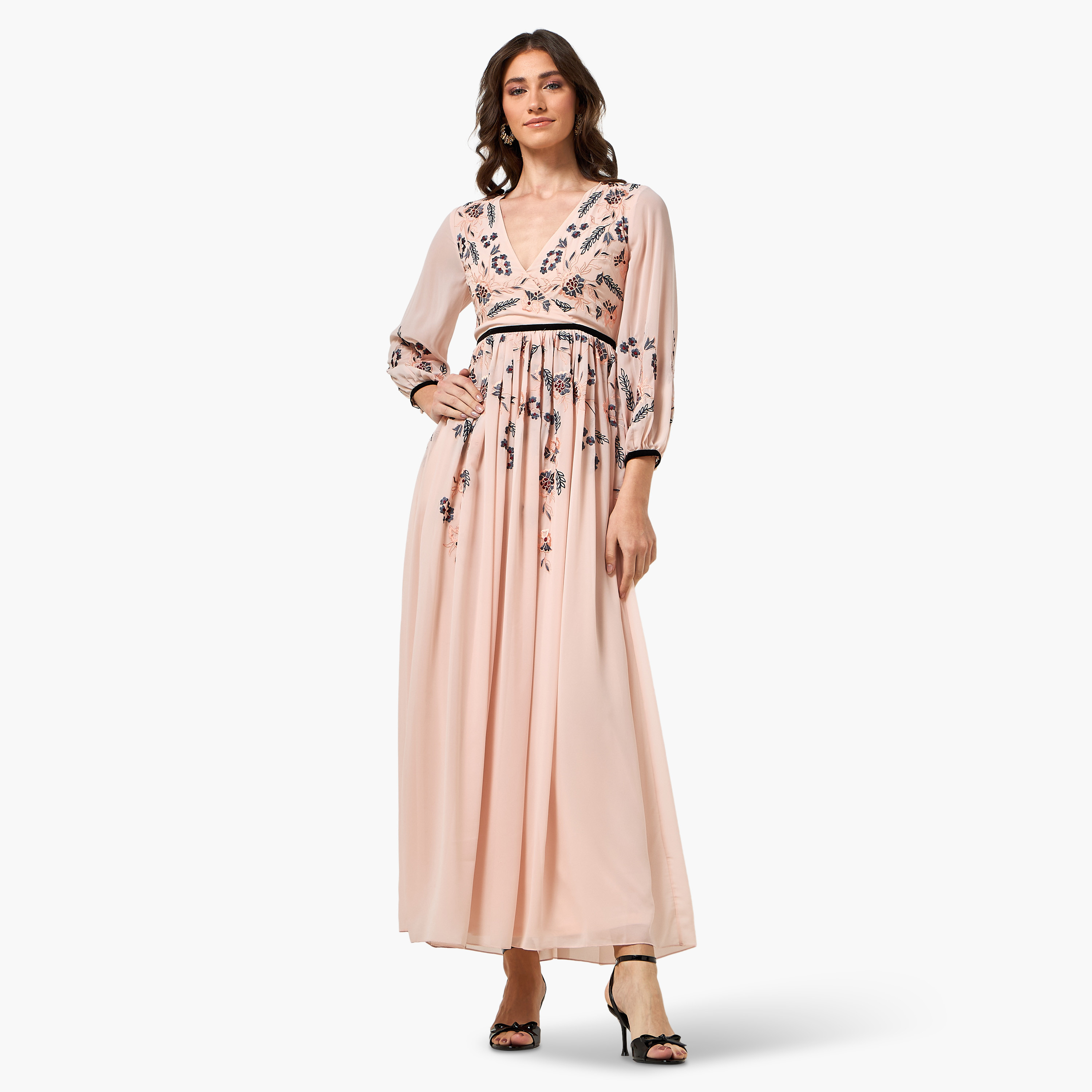 Frock and Frill Peach Embroidered Surplice Neck Balloon Sleeves Flared Women's Evening Maxi Dress-women-clothing-dresses-image-1
